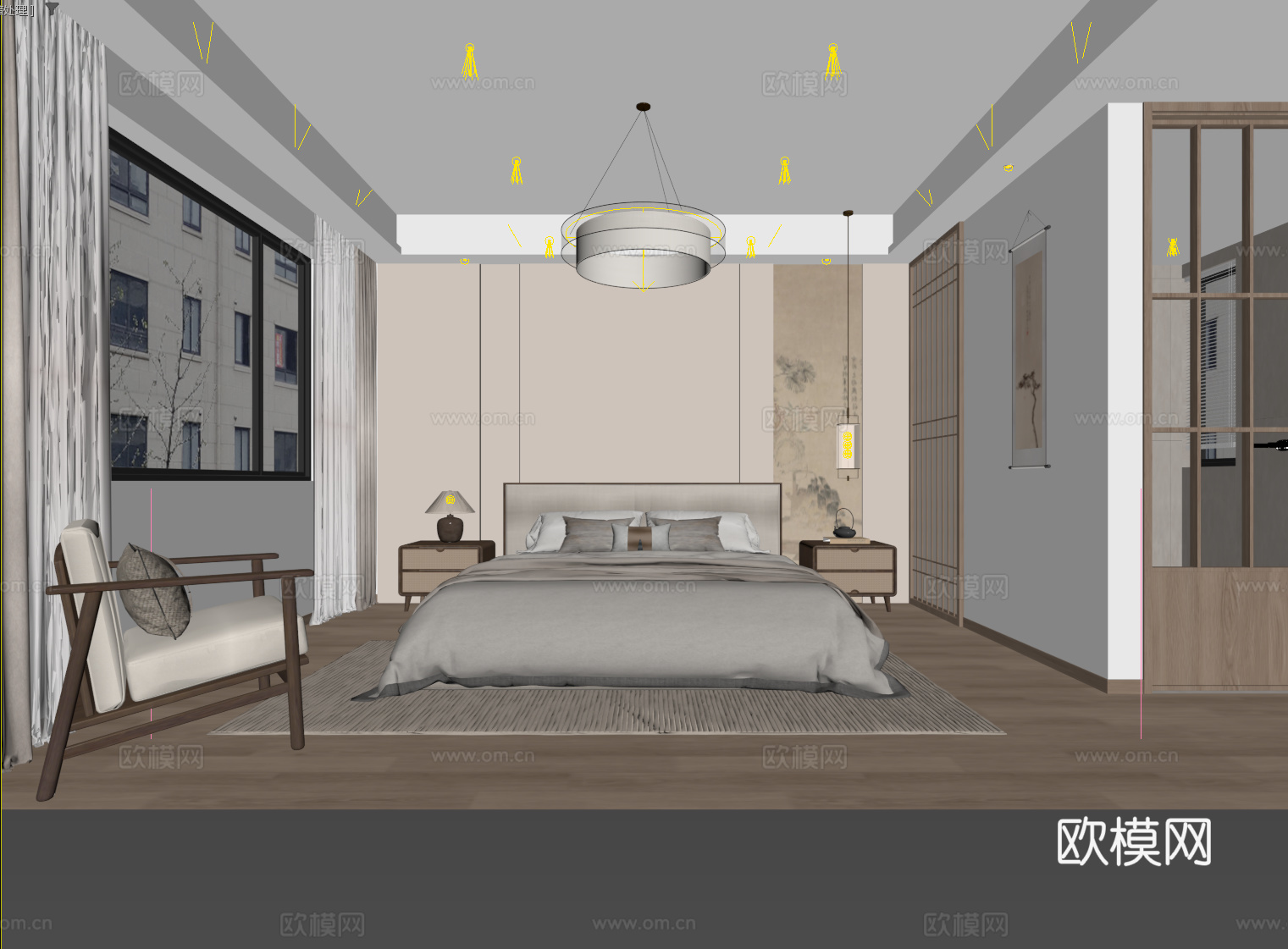 新中式宋式卧室su模型