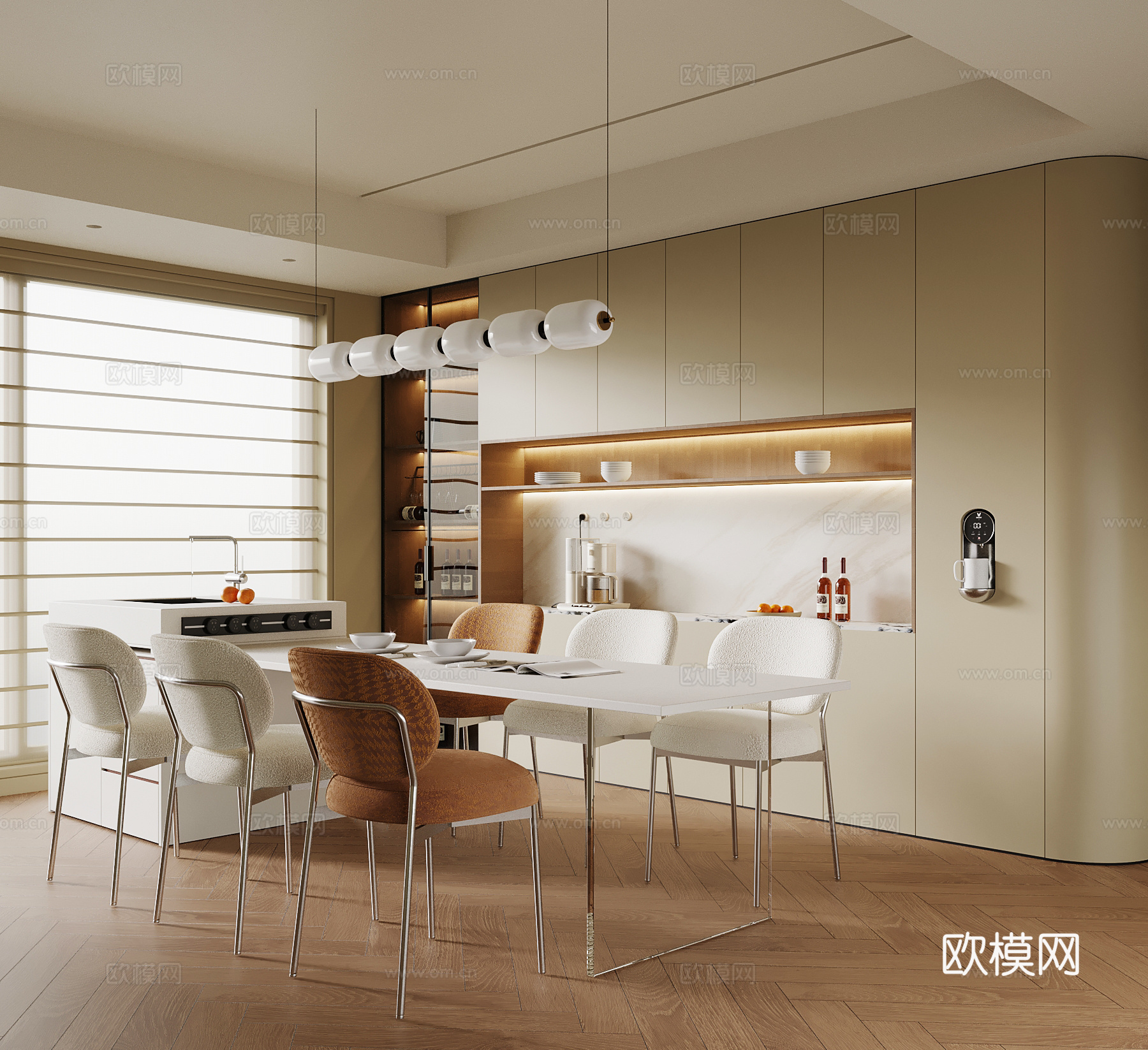现代餐厅 餐桌椅 酒柜su模型