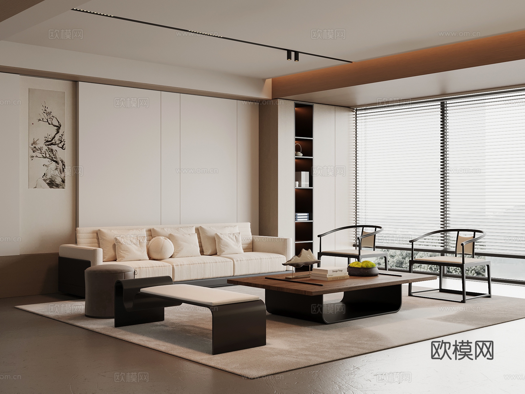 新中式客厅 沙发茶几组合 背景墙su模型