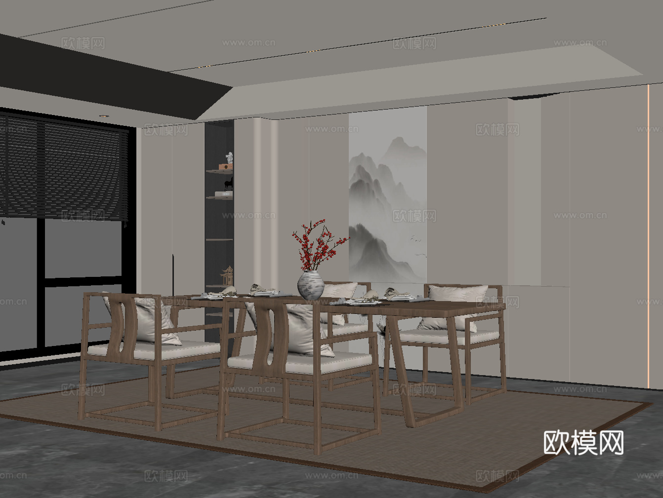 新中式餐厅 餐桌椅 背景墙su模型