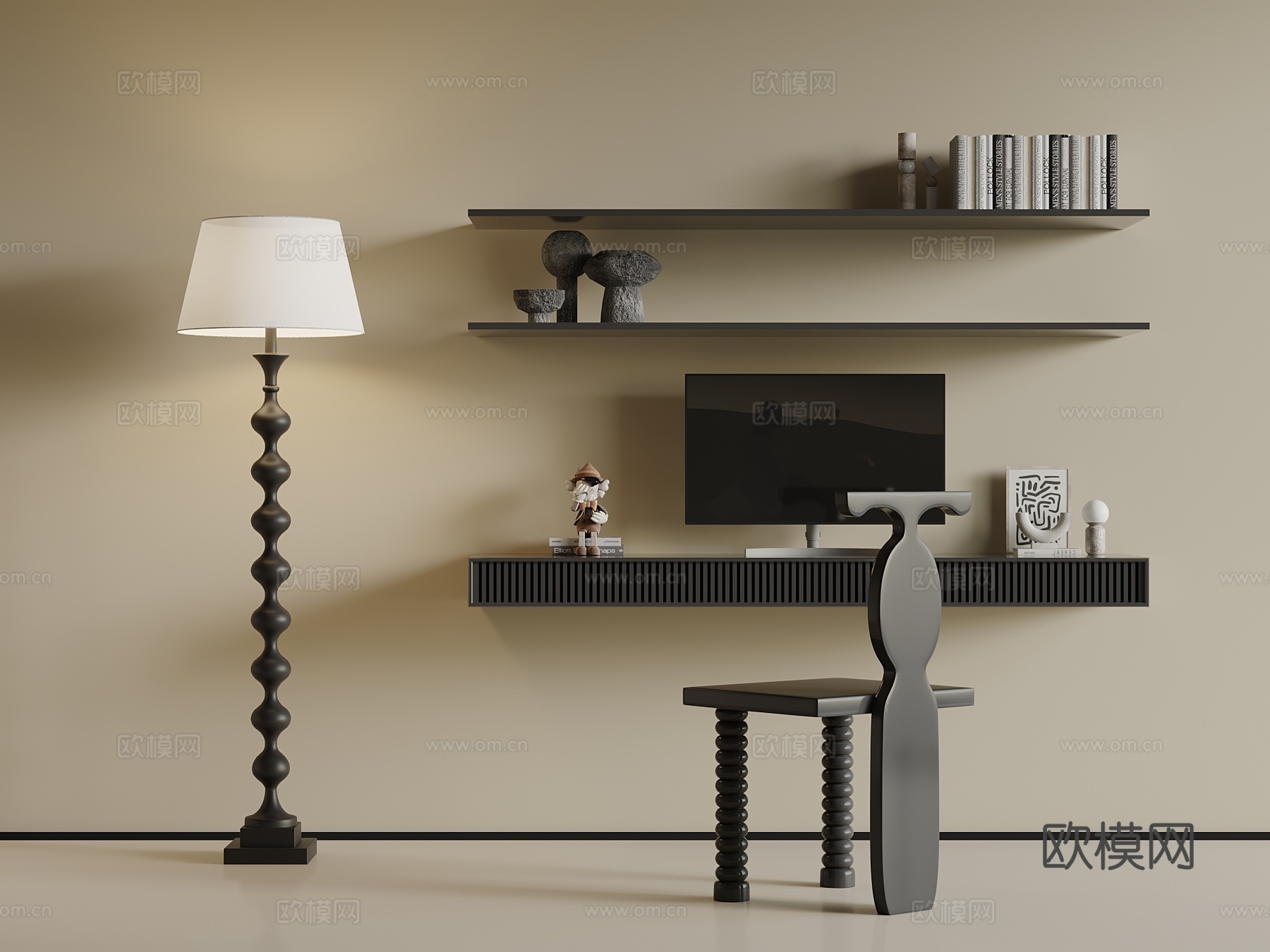 现代书桌椅 书柜 落地灯su模型