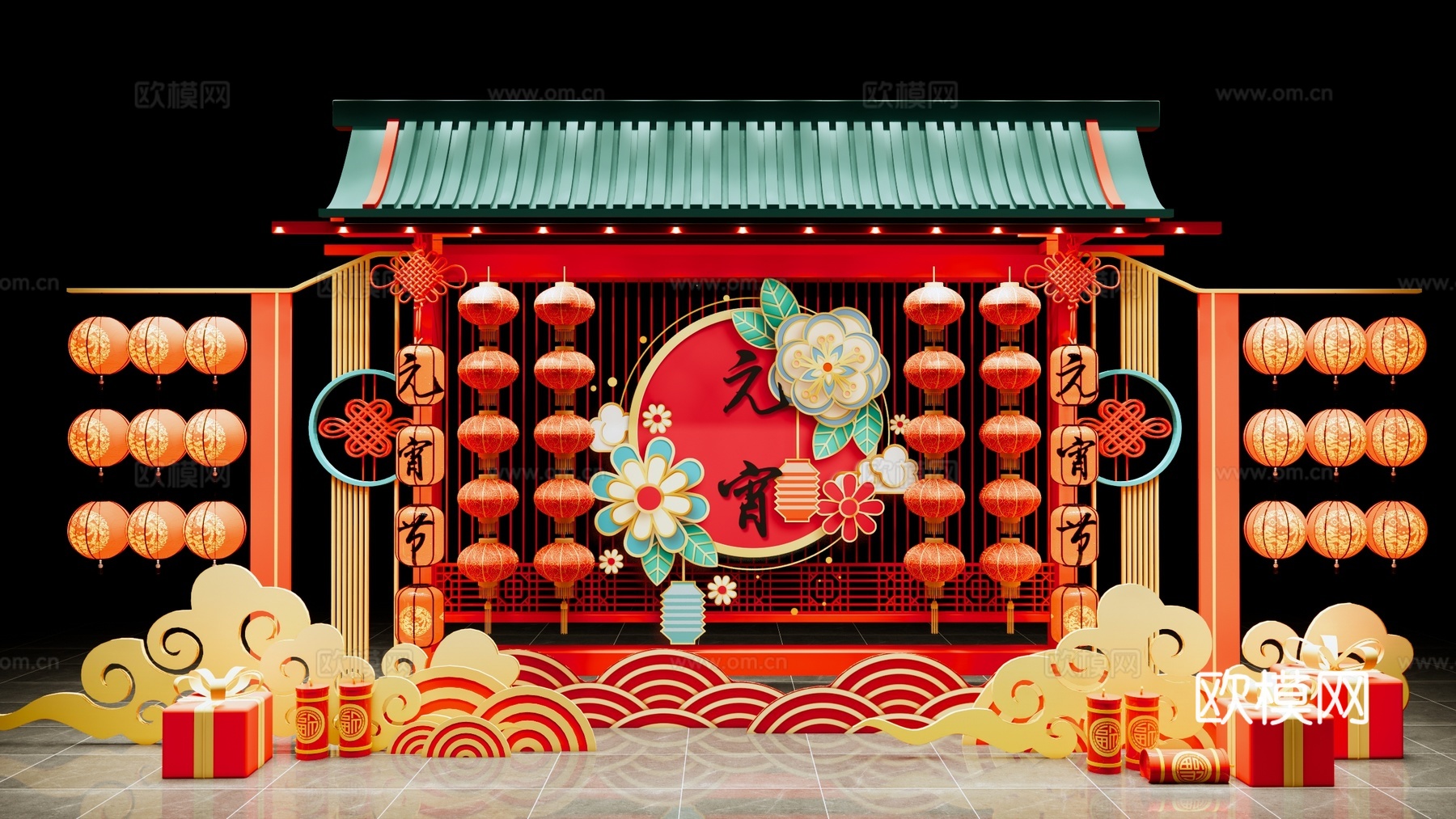 新中式 美陈 元宵节美陈 传统红灯笼 国潮美陈 春节新年美陈su模型