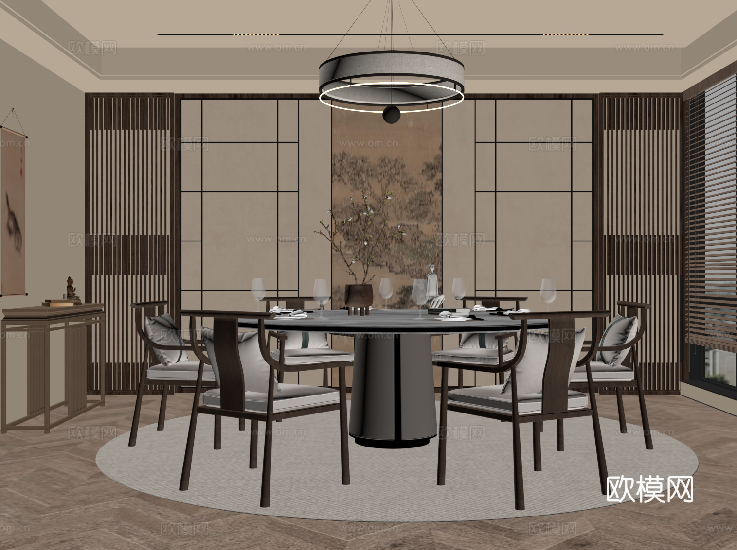 新中式餐饮包厢 包间 餐桌椅su模型