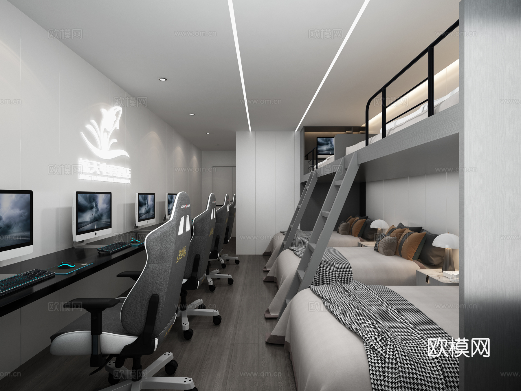 黑白灰电竞房5人间3d模型下载（渲染图1）