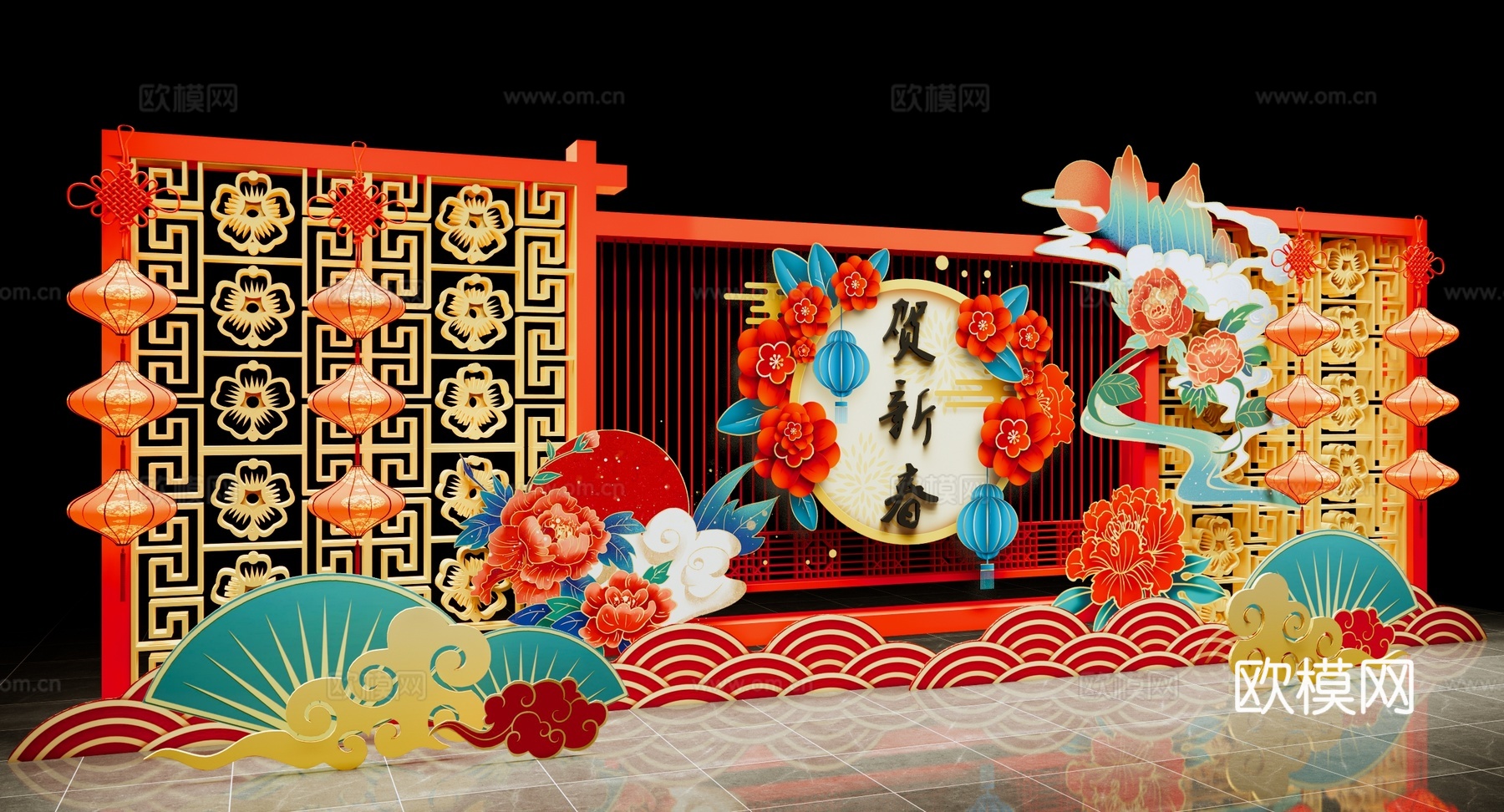新中式 美陈 元宵节美陈 传统红灯笼 国潮美陈 春节新年美陈su模型