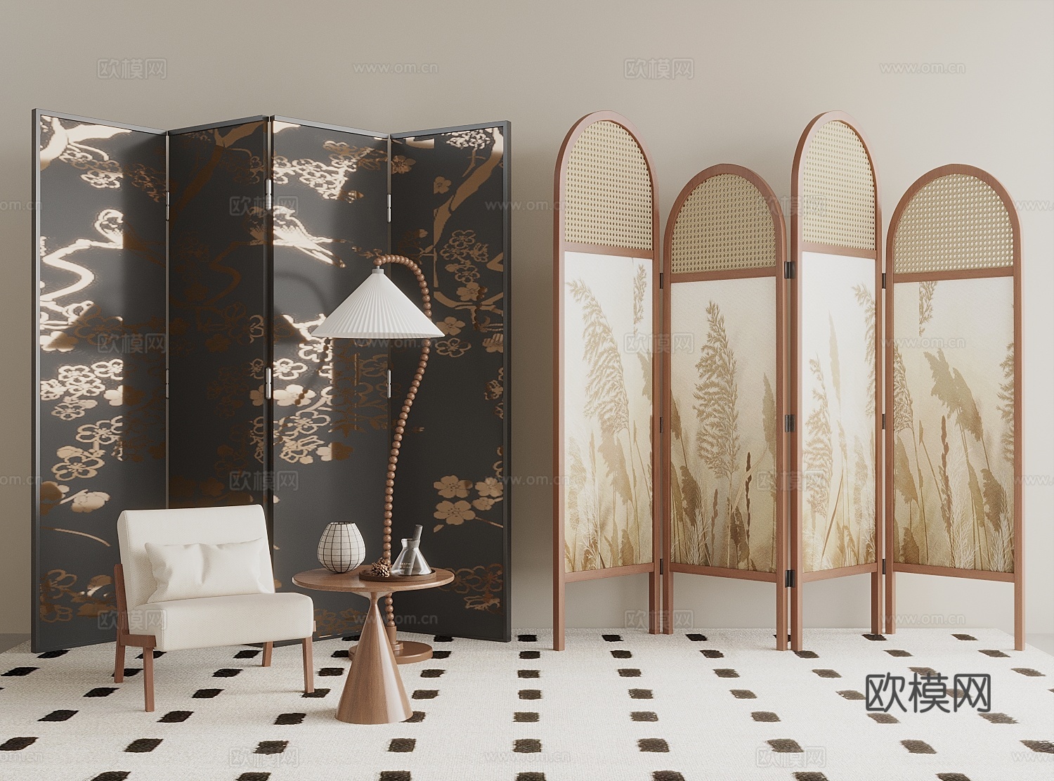 中古侘寂风屏风 木屏风 休闲椅 落地灯3d模型下载