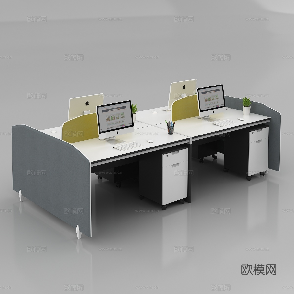 现代办公室 职员桌 员工桌 挡板工作台灰底图3d模型下载
