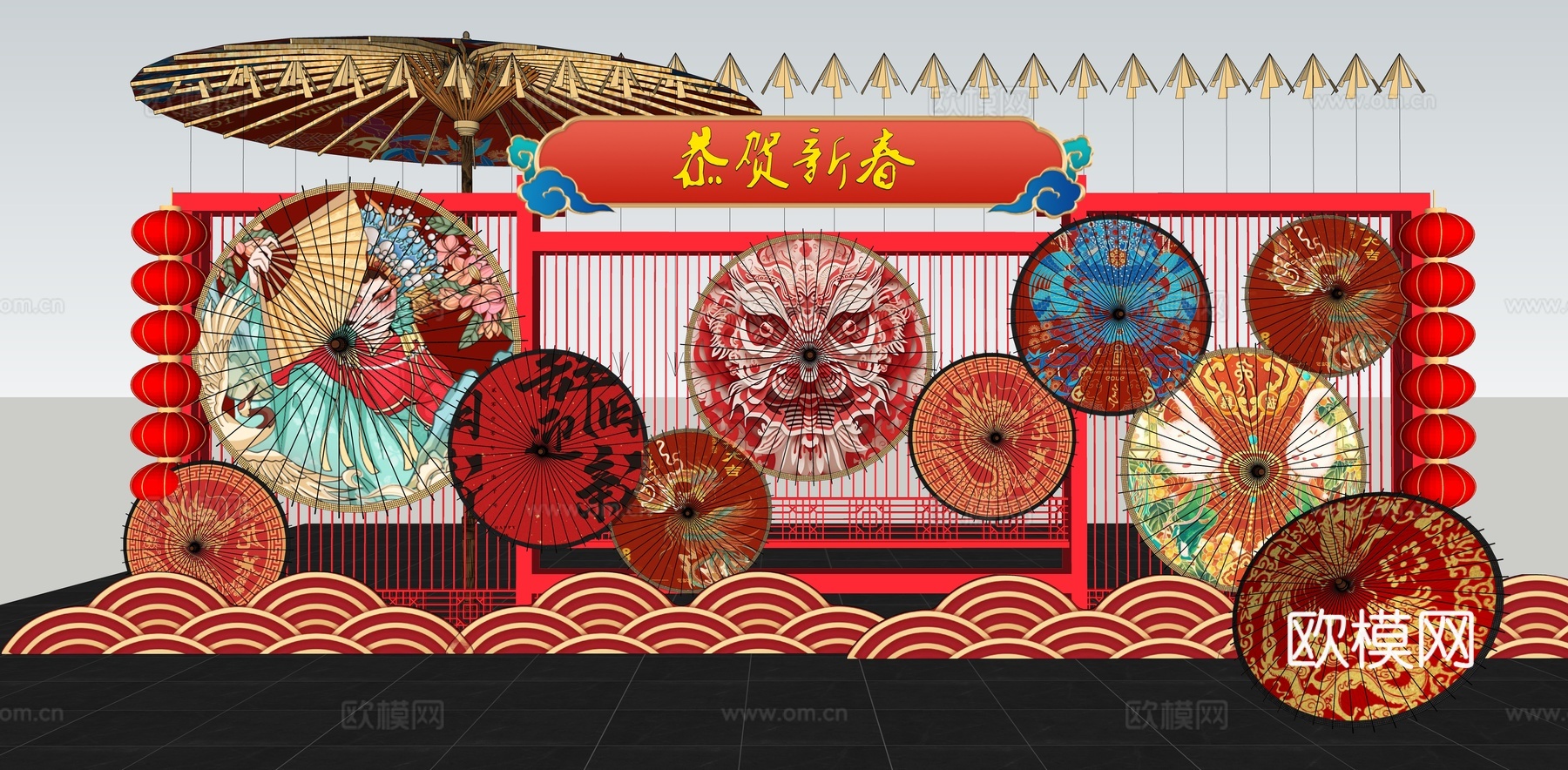中式 美陈 元宵节美陈 国潮美陈 春节新年美陈 油纸伞美陈su模型