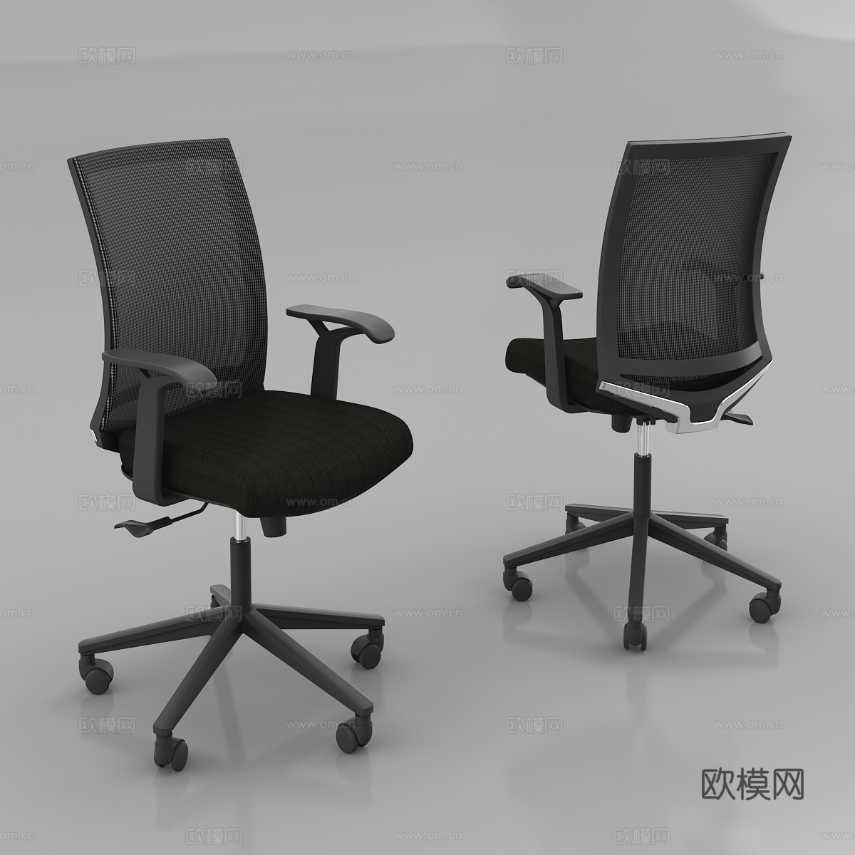 现代办公室 黑色网布尼龙脚架职员椅 员工椅 办公椅白底图3d模型下载