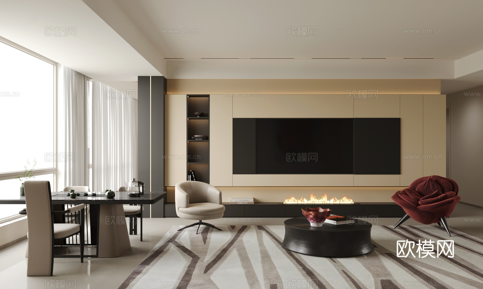 现代意式客厅 电视背景墙 客厅休闲椅 木饰面背景墙 休闲椅su模型