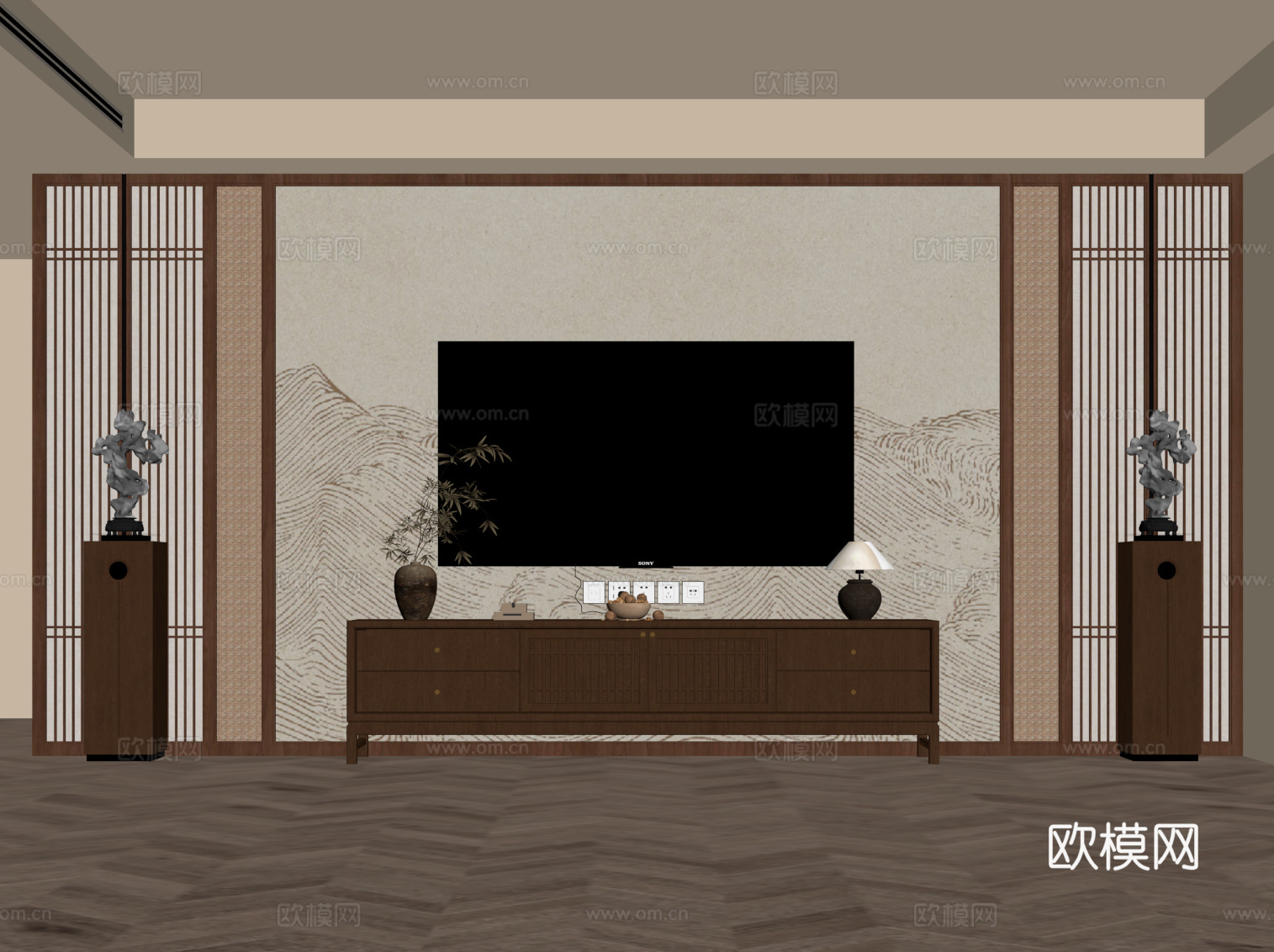 新中式电视背景墙su模型