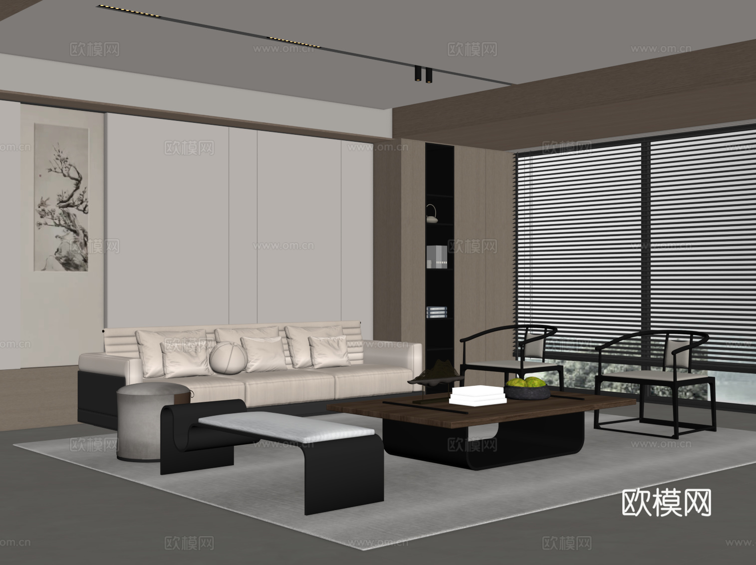 新中式客厅 沙发茶几组合 背景墙su模型