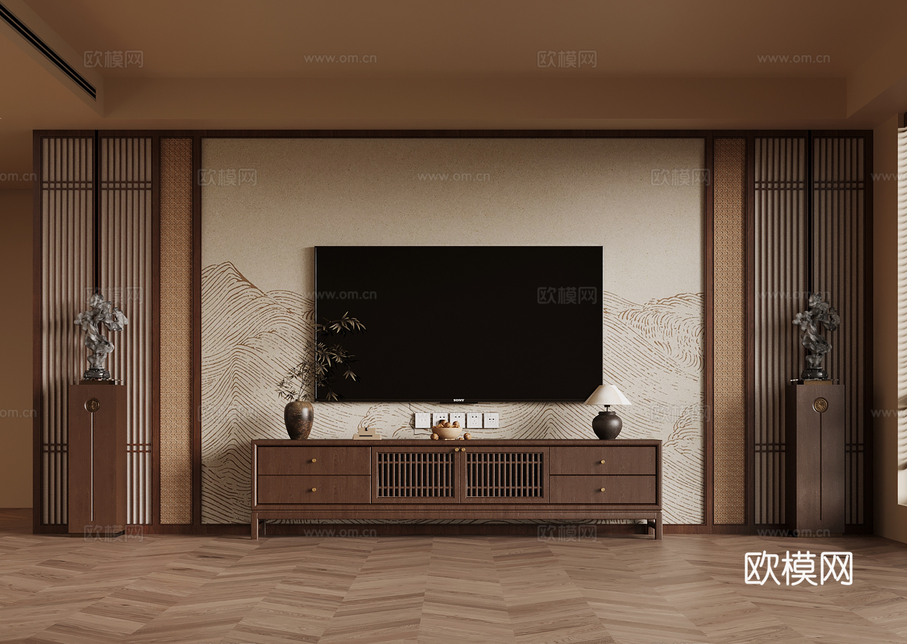 新中式电视背景墙su模型