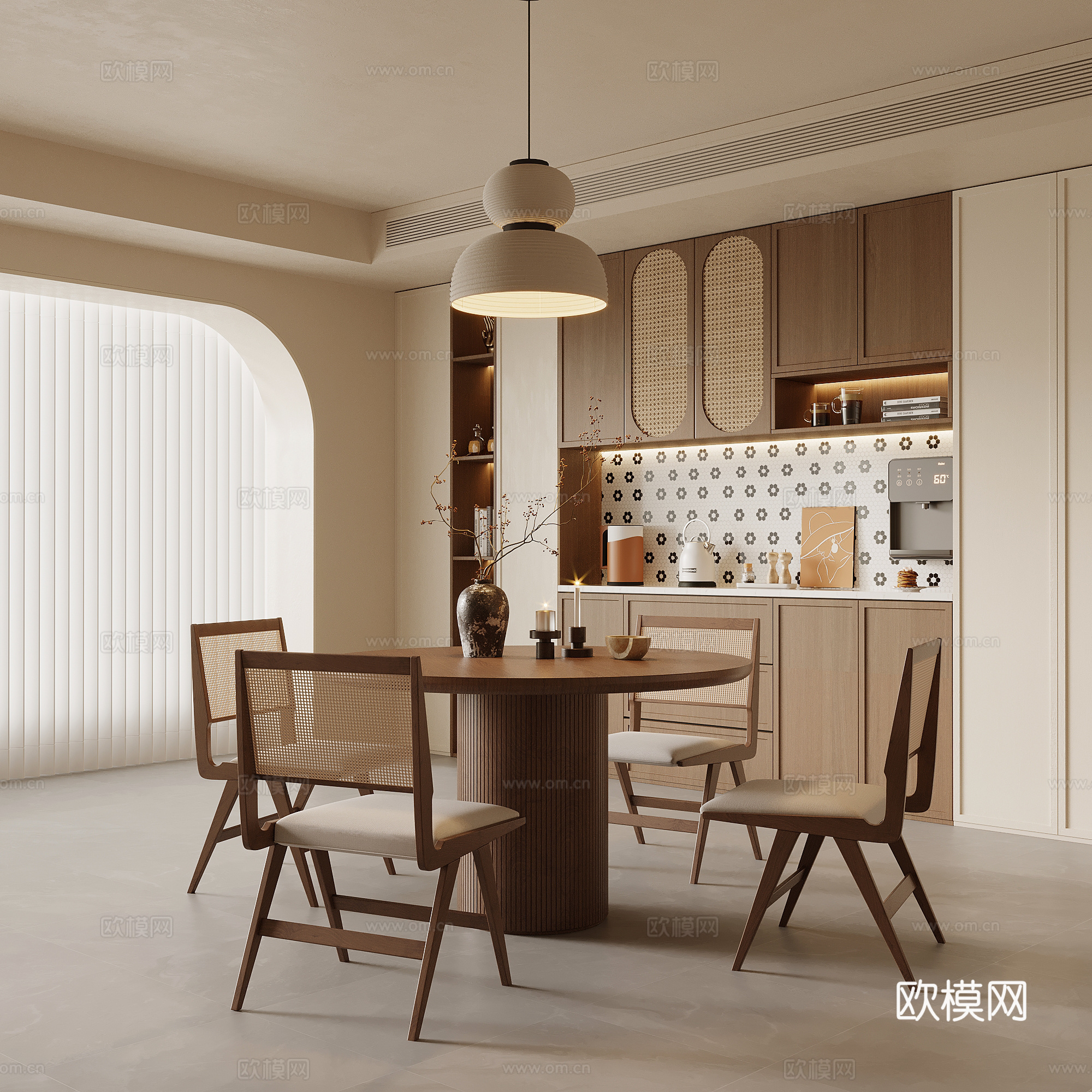 中古风餐厅 餐桌椅 酒柜3d模型下载