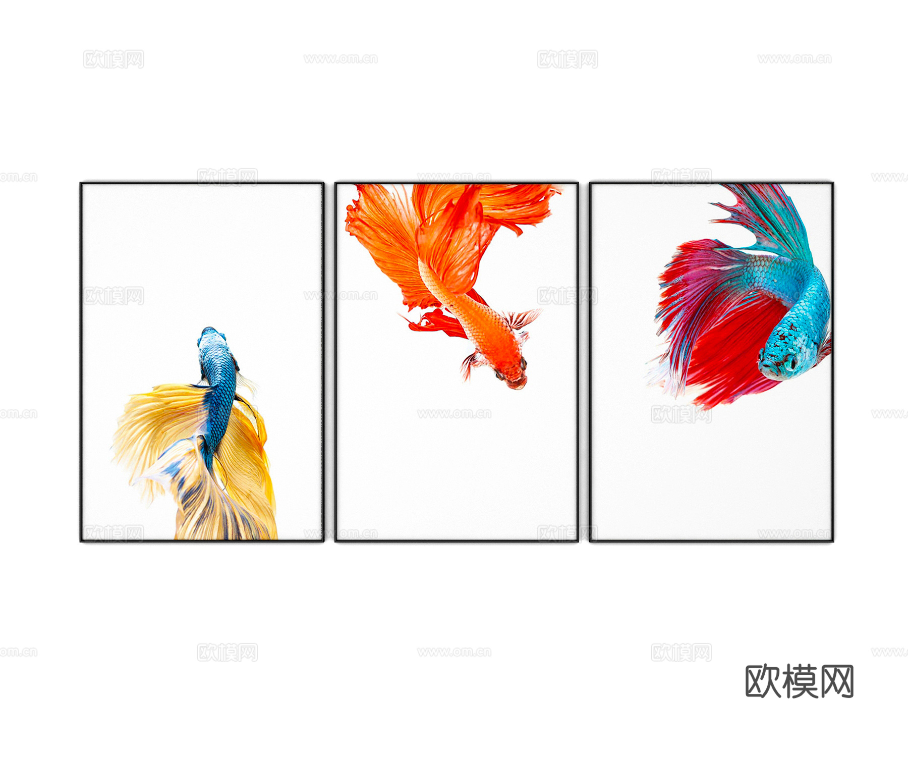 新中式鱼之舞 现代简约沙发背景三联挂画3d模型