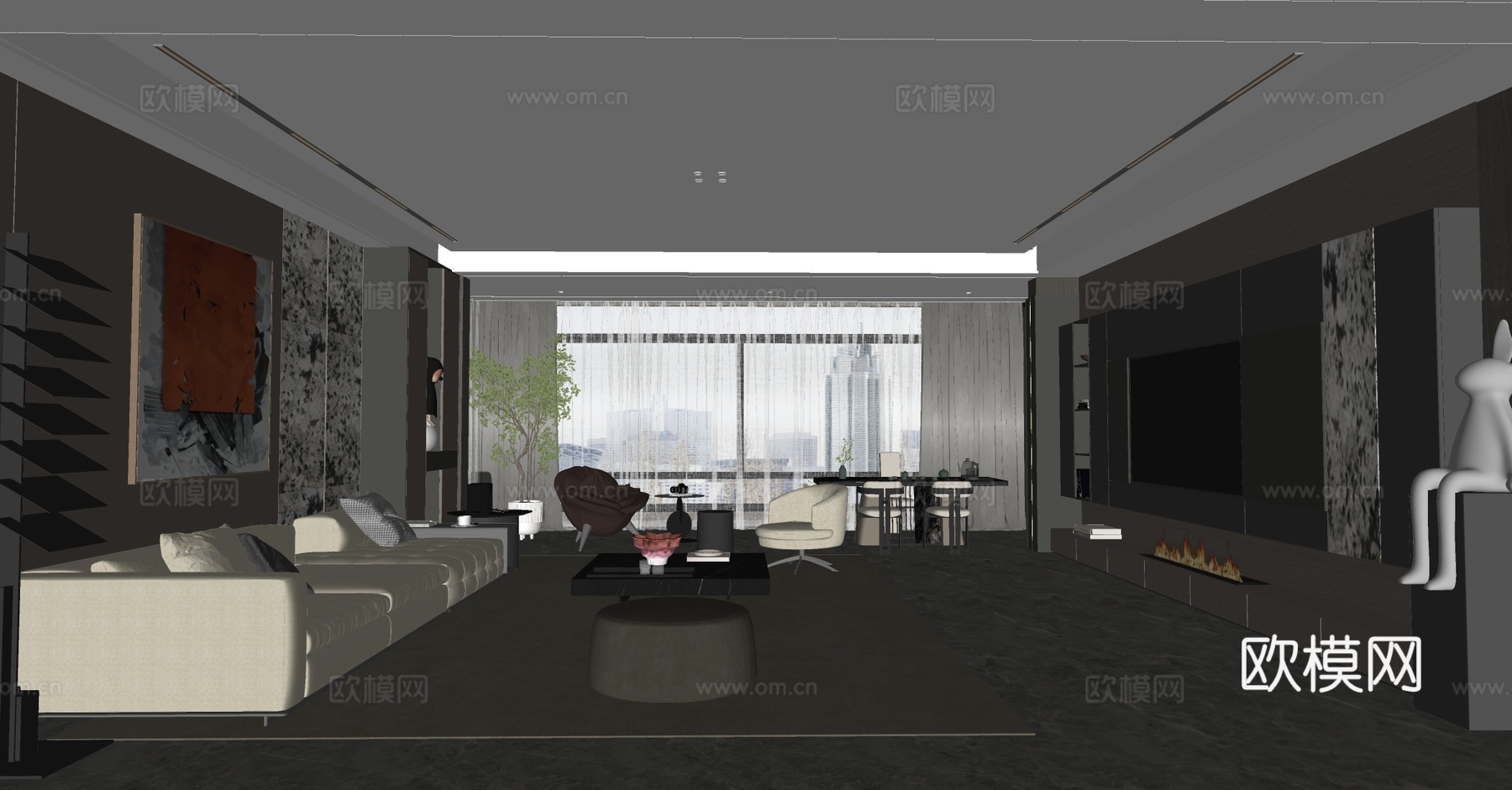 现代轻奢客厅 黑白灰客厅 样板间客厅 大户型客厅 意式客厅su模型