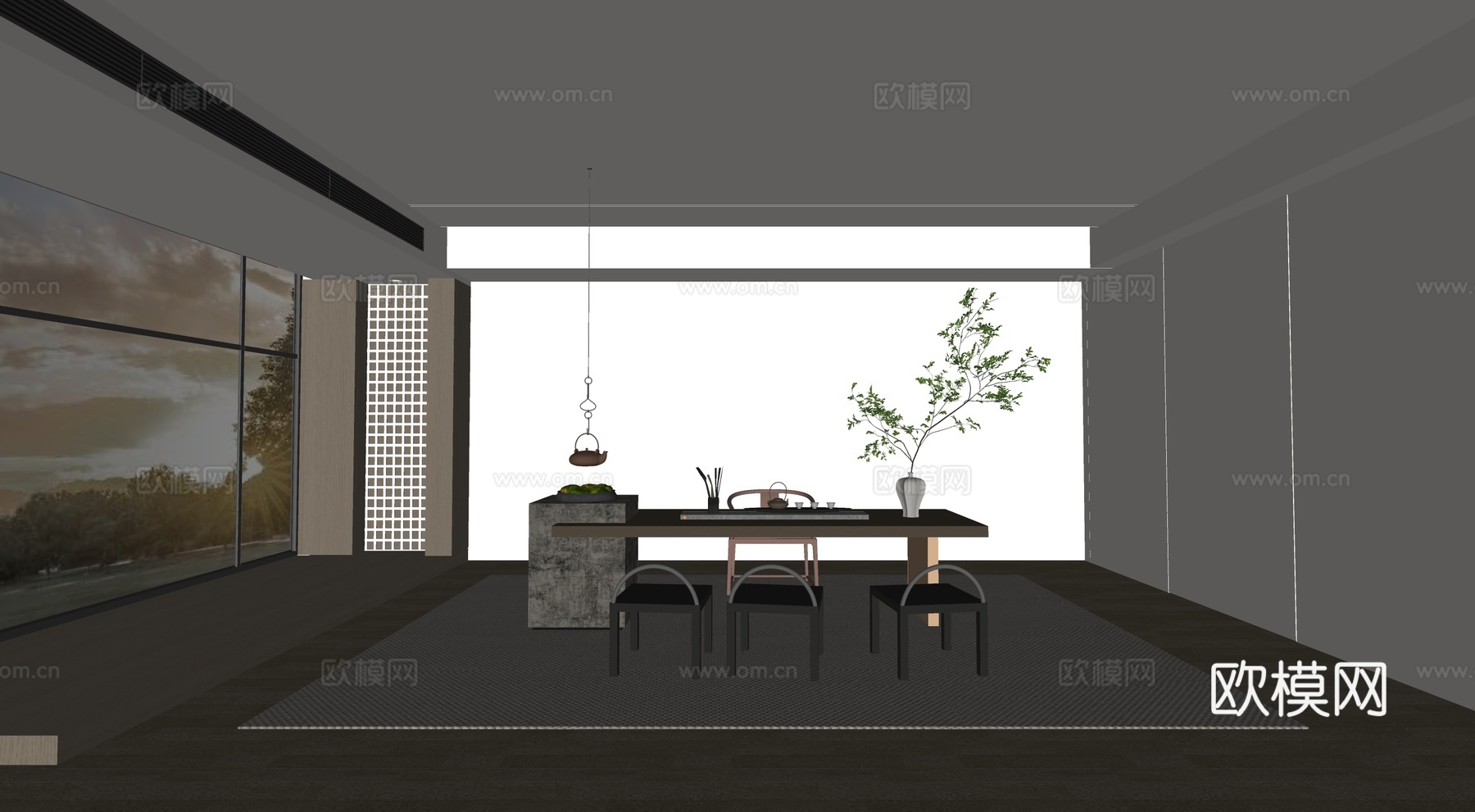 现代新中式茶室 茶桌组合 茶台su模型
