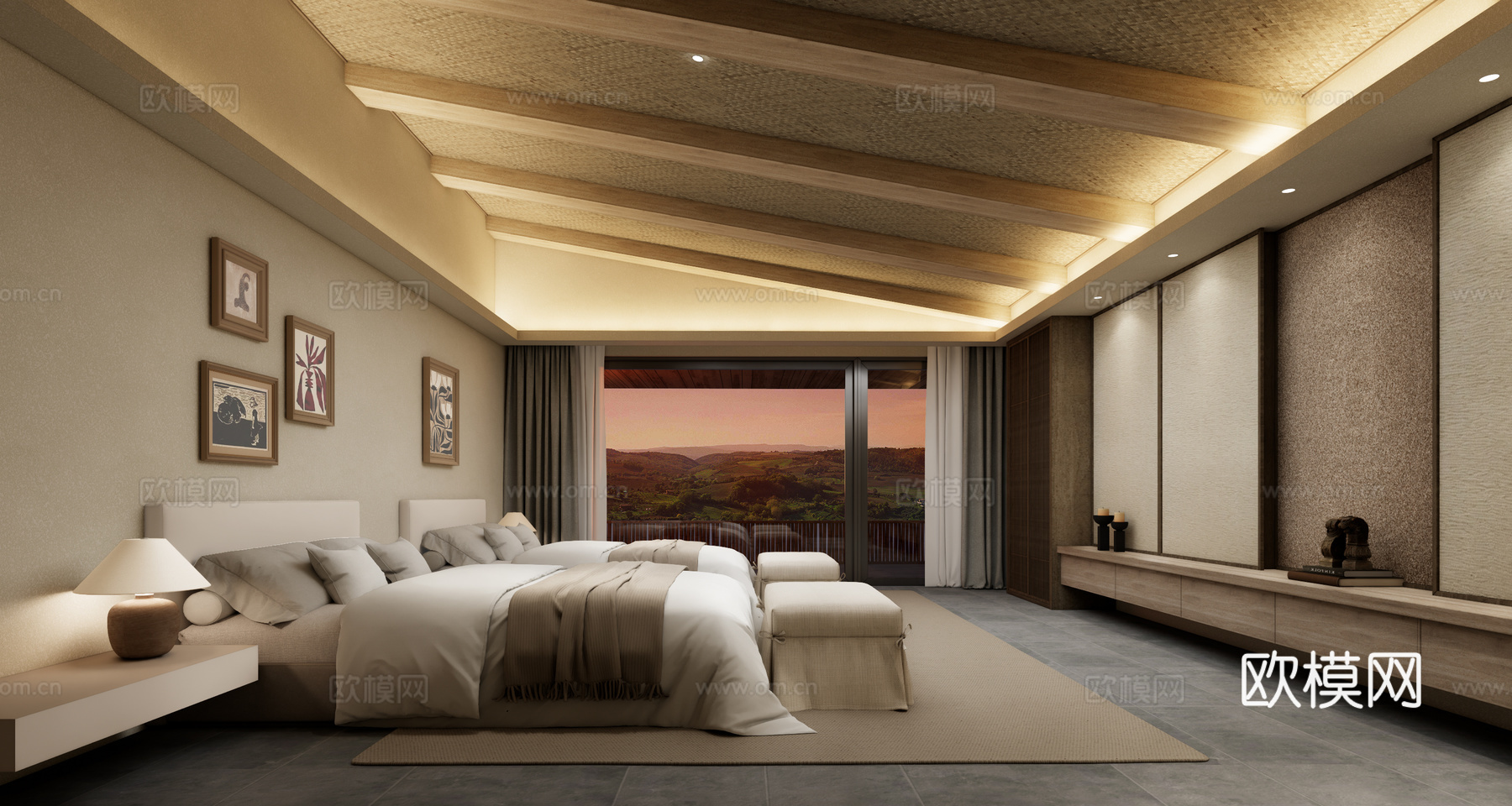 民宿客房  民宿双床房 民宿标间su模型下载（渲染图2）