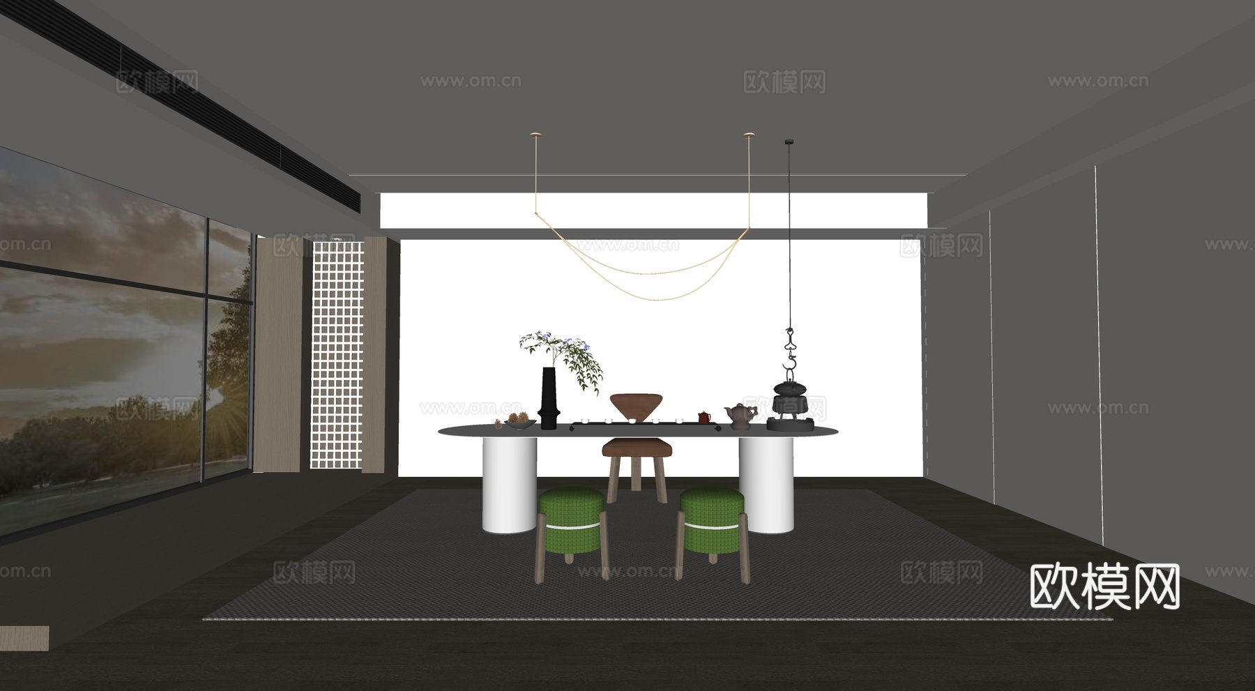 现代茶桌组合茶室茶台su模型