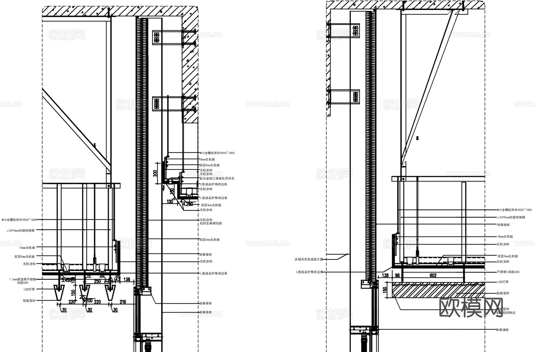 V型格栅灯吊顶-商业街天花吊顶-户外走廊玻璃栏杆cad施工图