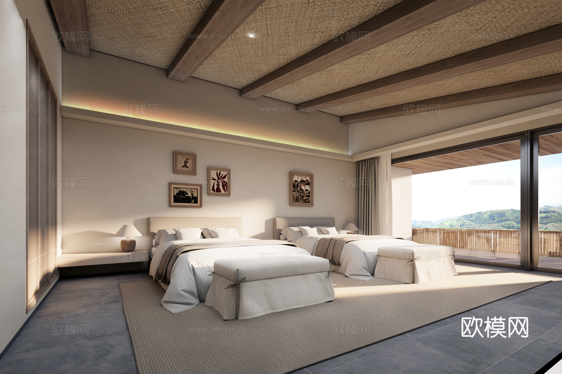 民宿客房  民宿双床房 民宿标间su模型下载（渲染图1）