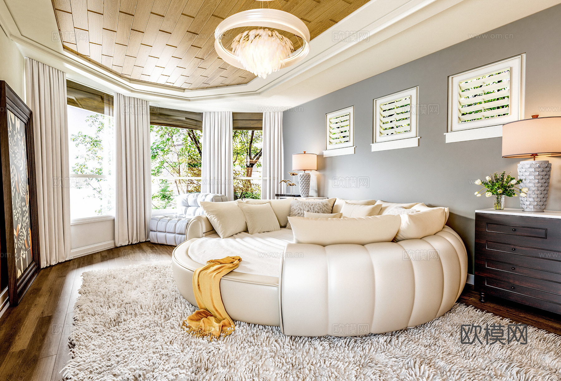 塞纳布艺圆床 婚床 双人床 圆床 意式极简床3d模型下载（渲染图1）