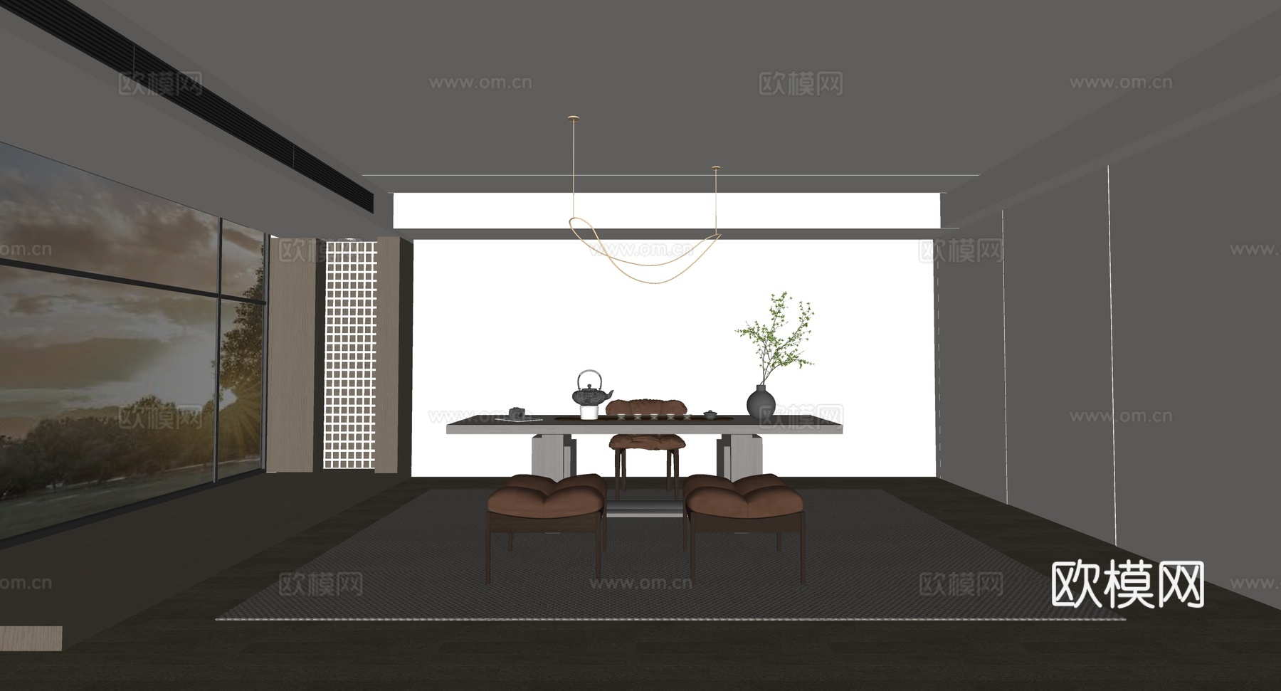 现代新中式茶室茶桌组合茶台su模型