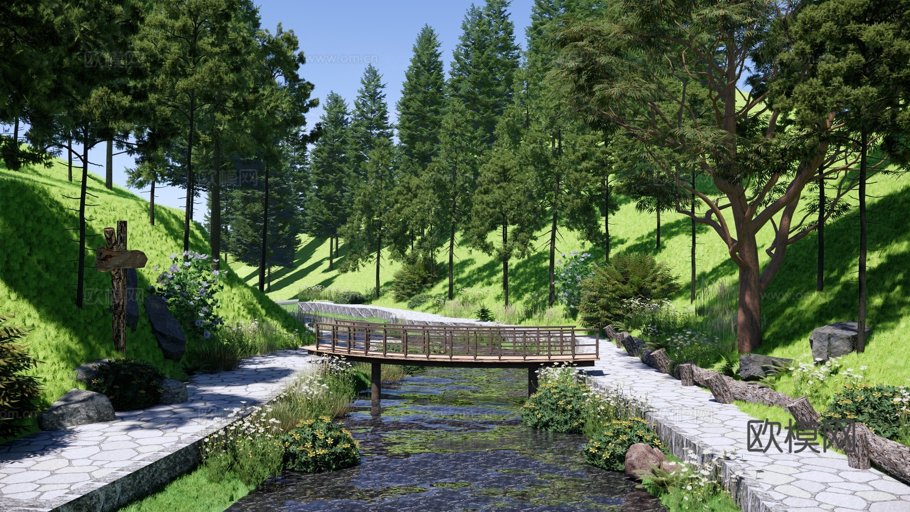现代 公园 自然森林公园景观 林地溪涧 山谷溪流 置石河流su模型