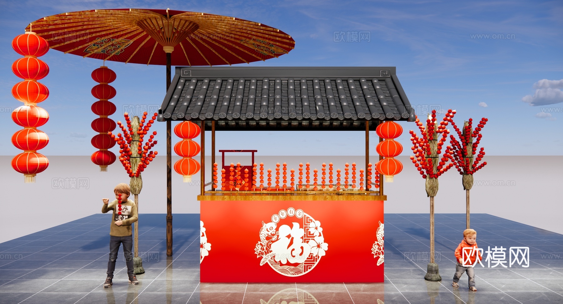 新中式 美陈 商业美陈 糖葫芦摊位 户外装置 集市 冰糖葫芦su模型