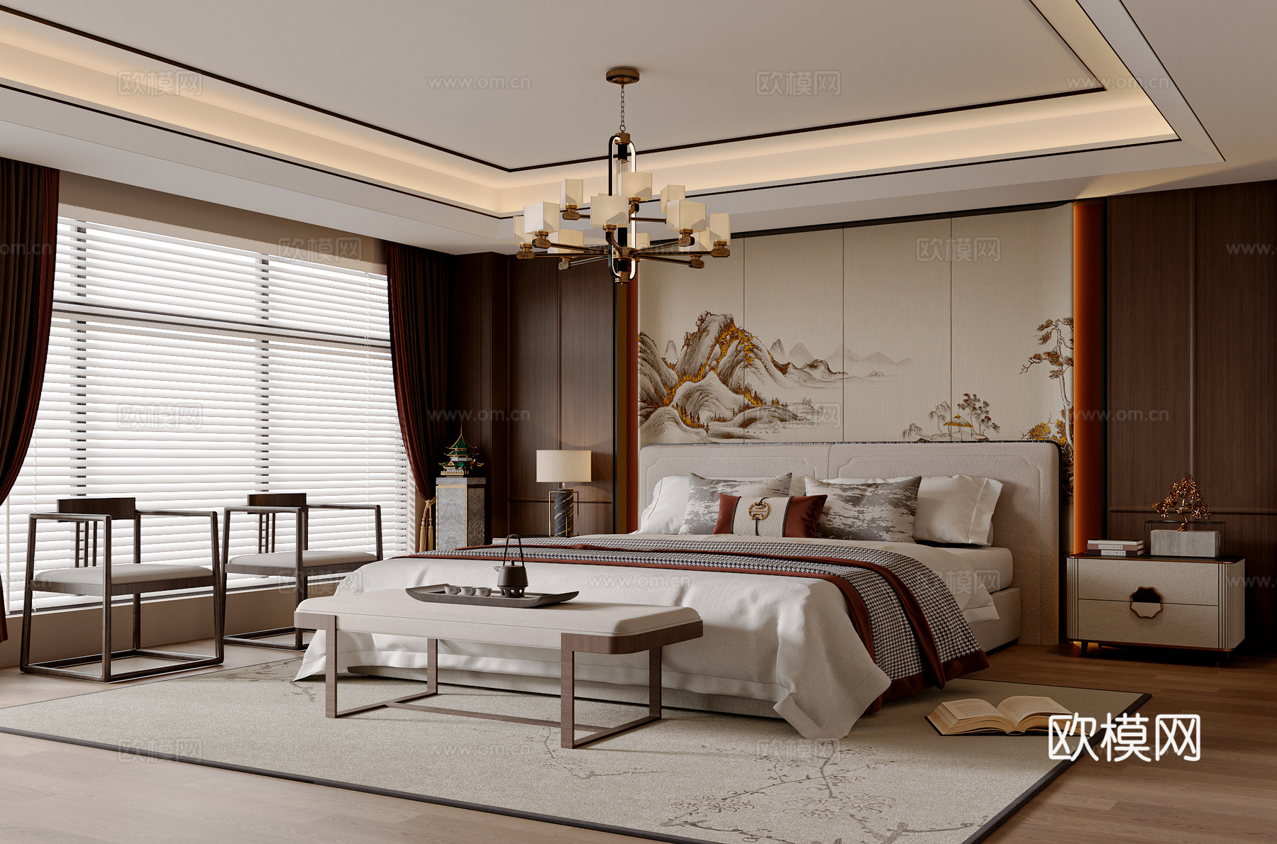 新中式中式卧室 布艺双人床 床头柜 新中式凳子 床尾凳 吊灯3d模型下载