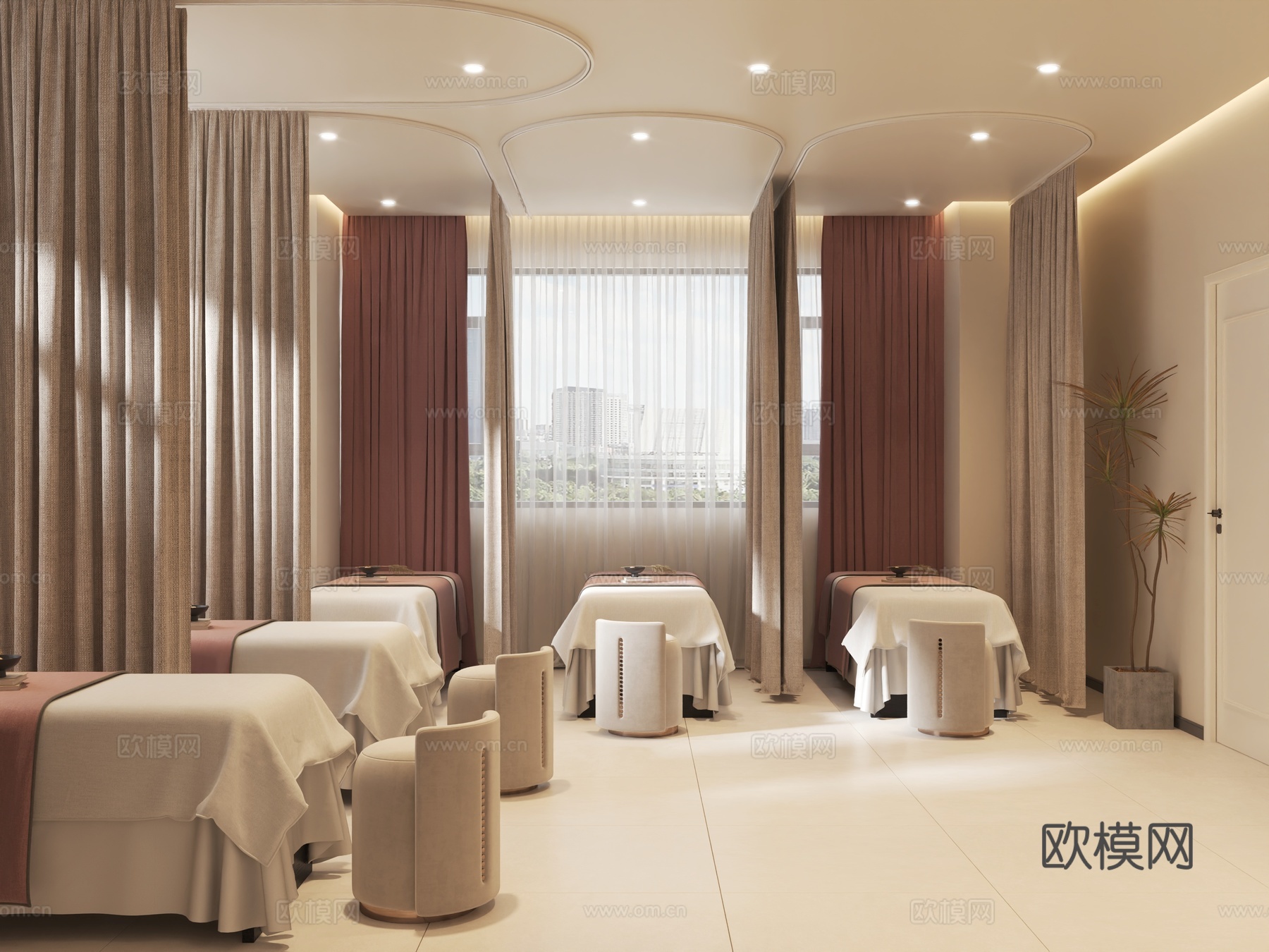 美容院包间多人间美容床窗帘洽谈室卫生间3d模型3d模型下载（渲染图1）