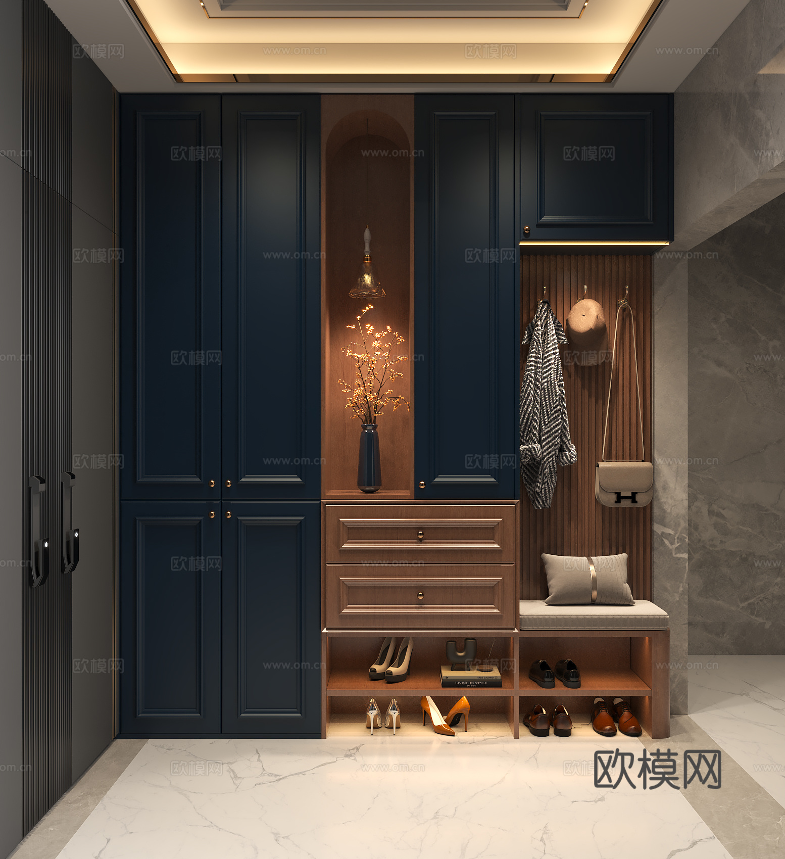 现代双开防盗门法式复古门厅鞋柜 法式南洋玄关鞋柜 女士鞋包摆su模型