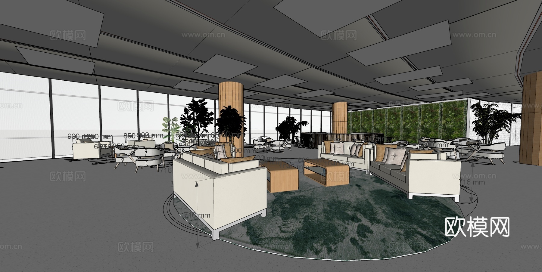 极简风办公大堂 现代办公大堂  简约办公  办公休息区su模型