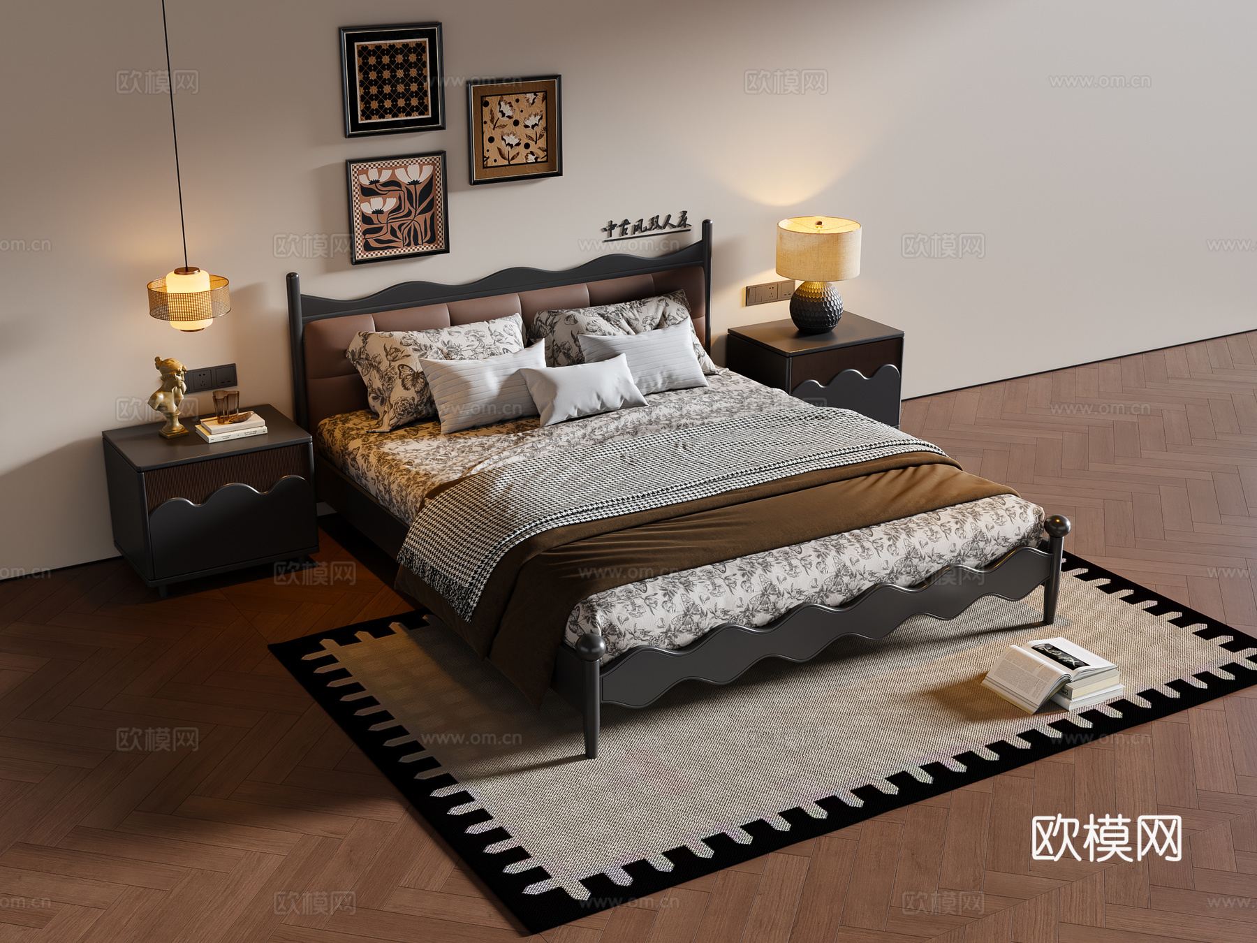 法式中古风双人床 实木双人床 床头柜 挂画 地毯3d模型下载