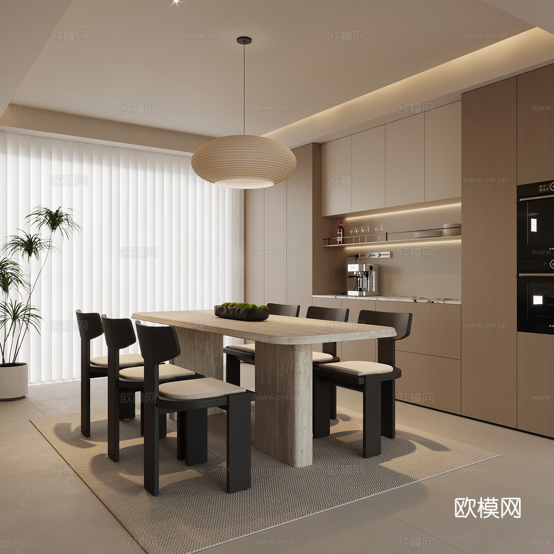 现代餐厅 餐桌椅 酒柜su模型