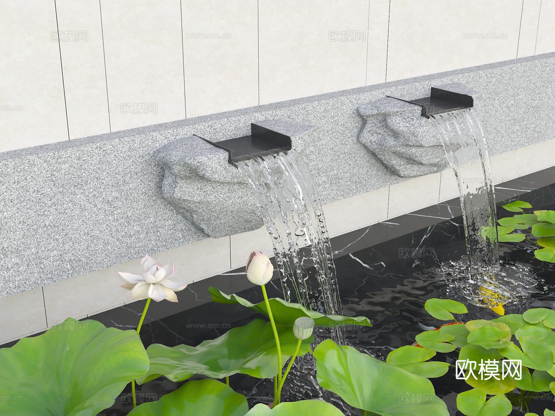 现代新中式水景 水景景观 叠水景观 流水景墙 新中式鱼池 庭su模型