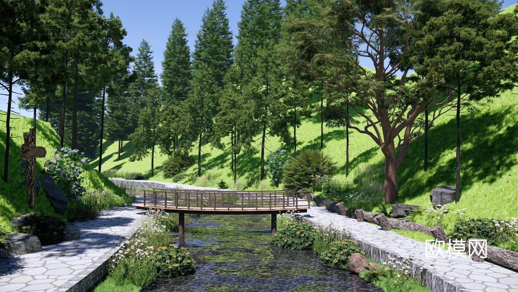 现代 公园 自然森林公园景观 林地溪涧 山谷溪流 置石河流su模型