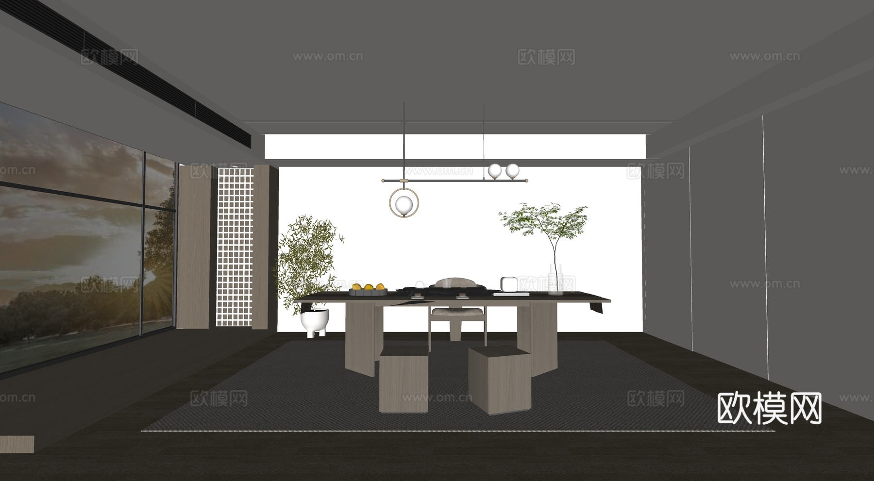 现代新中式茶室 茶桌组合 茶台su模型