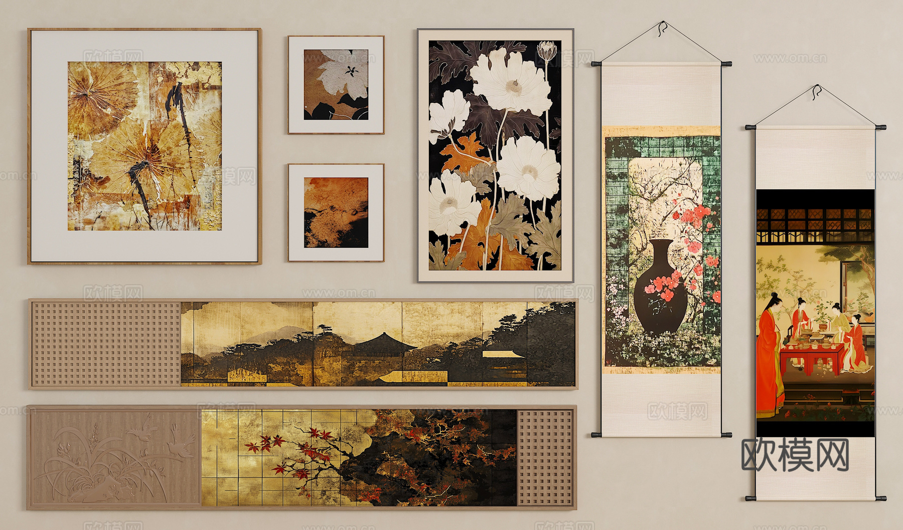 中古侘寂风挂画 新中式挂画  长条挂画  挂画组合su模型