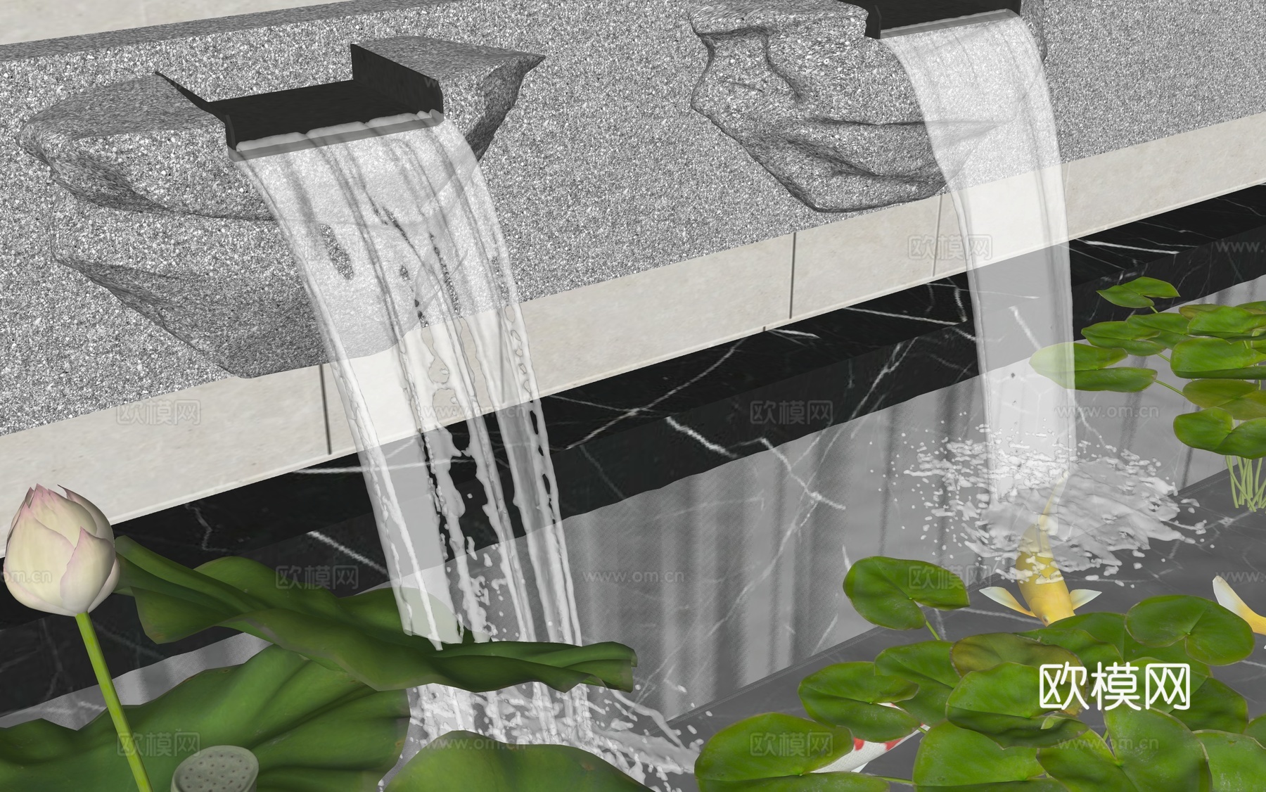现代新中式水景 水景景观 叠水景观 流水景墙 新中式鱼池 庭su模型