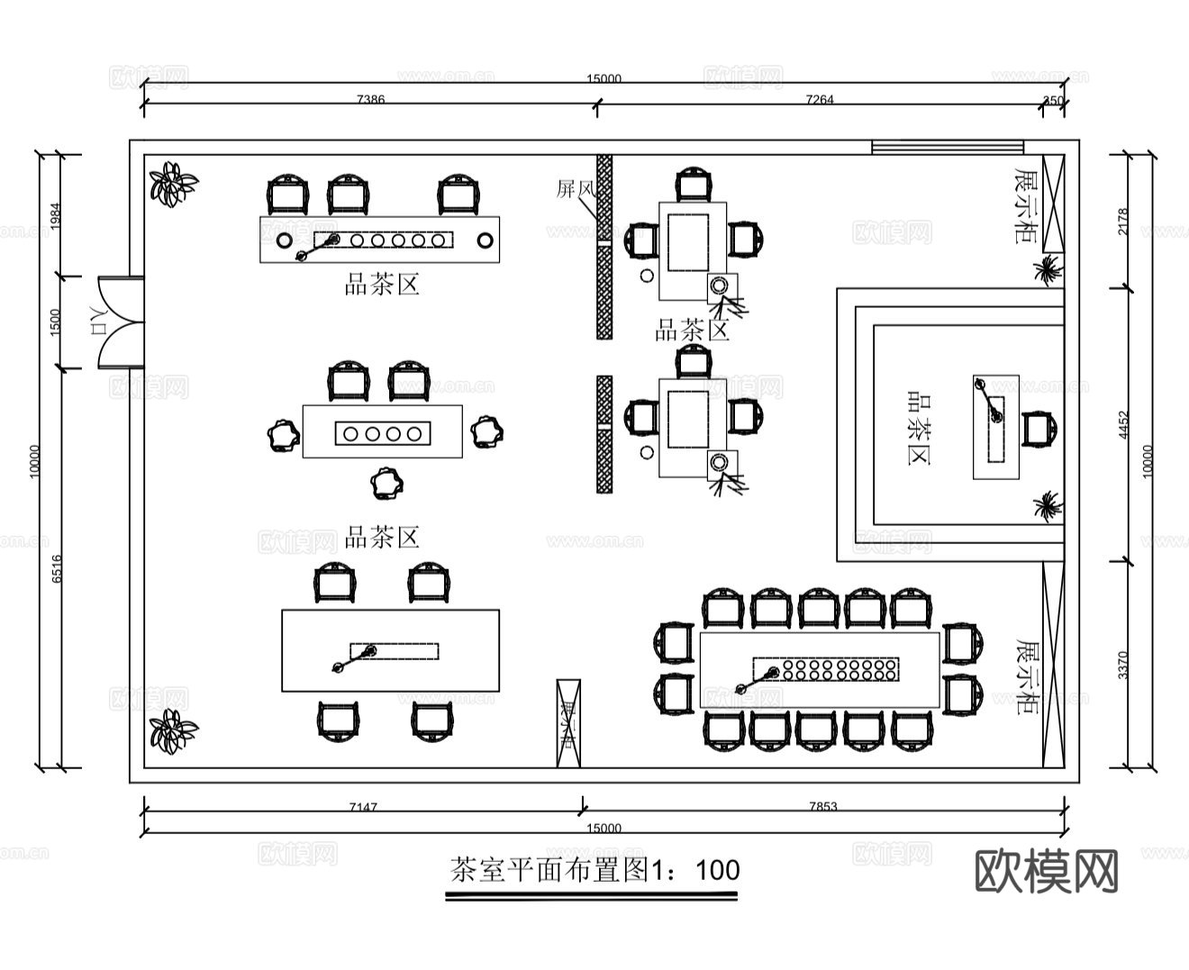 茶室平面布局图 效果图cad施工图
