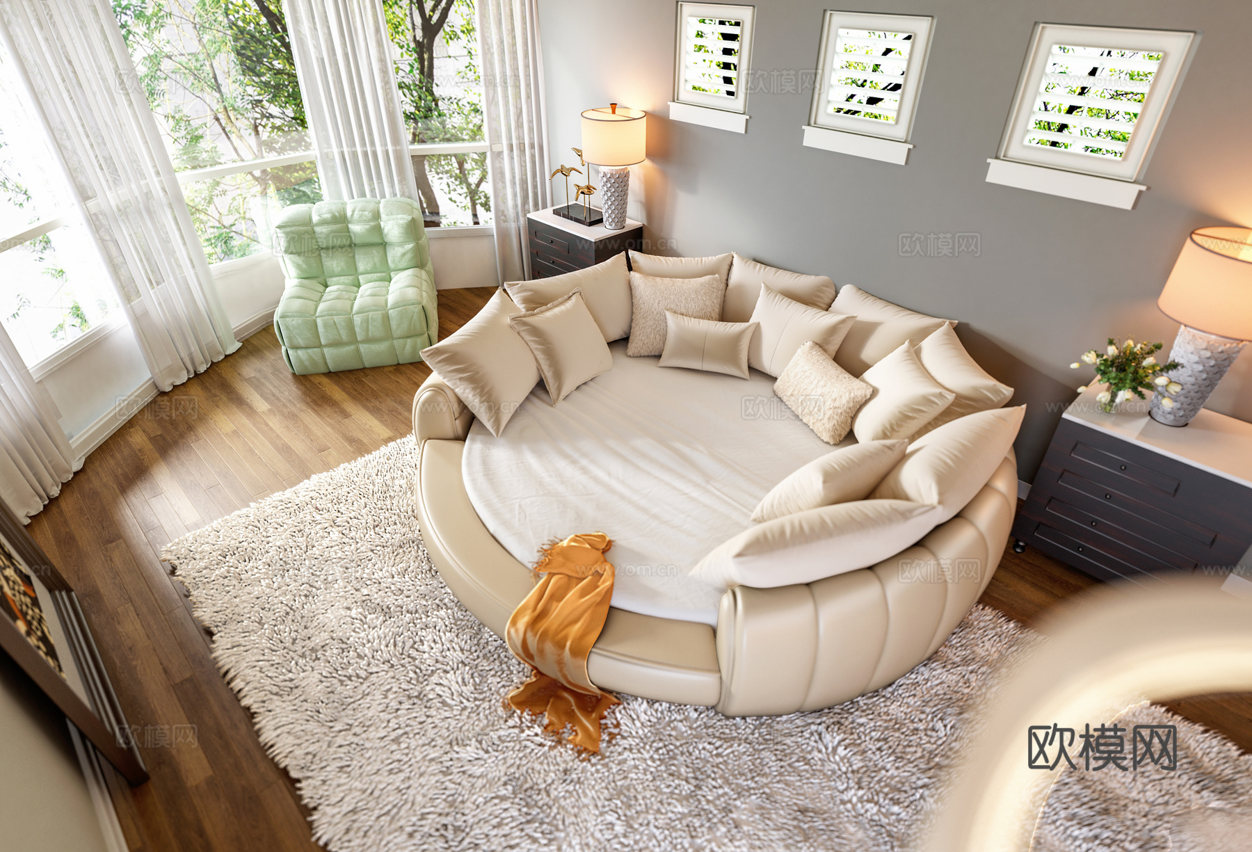 塞纳布艺圆床 婚床 双人床 圆床 意式极简床3d模型下载（渲染图2）