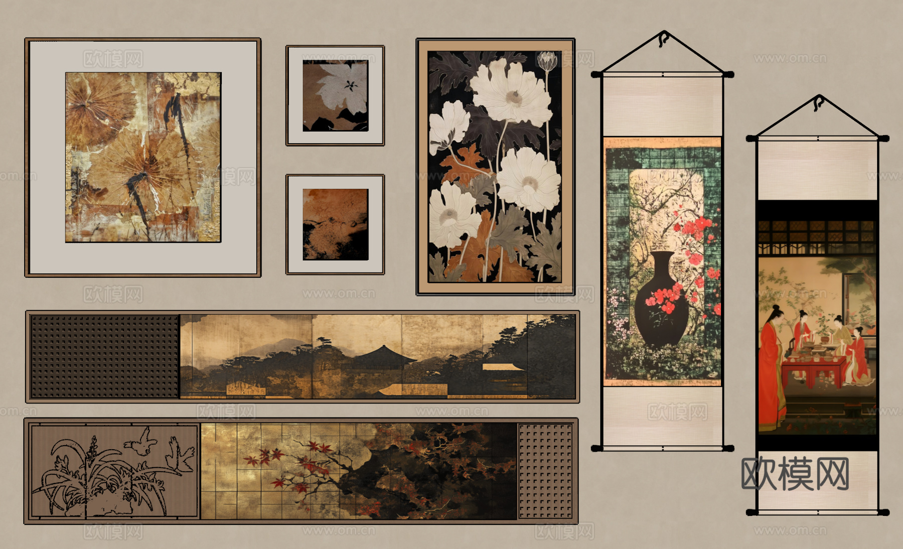 中古侘寂风挂画 新中式挂画  长条挂画  挂画组合su模型