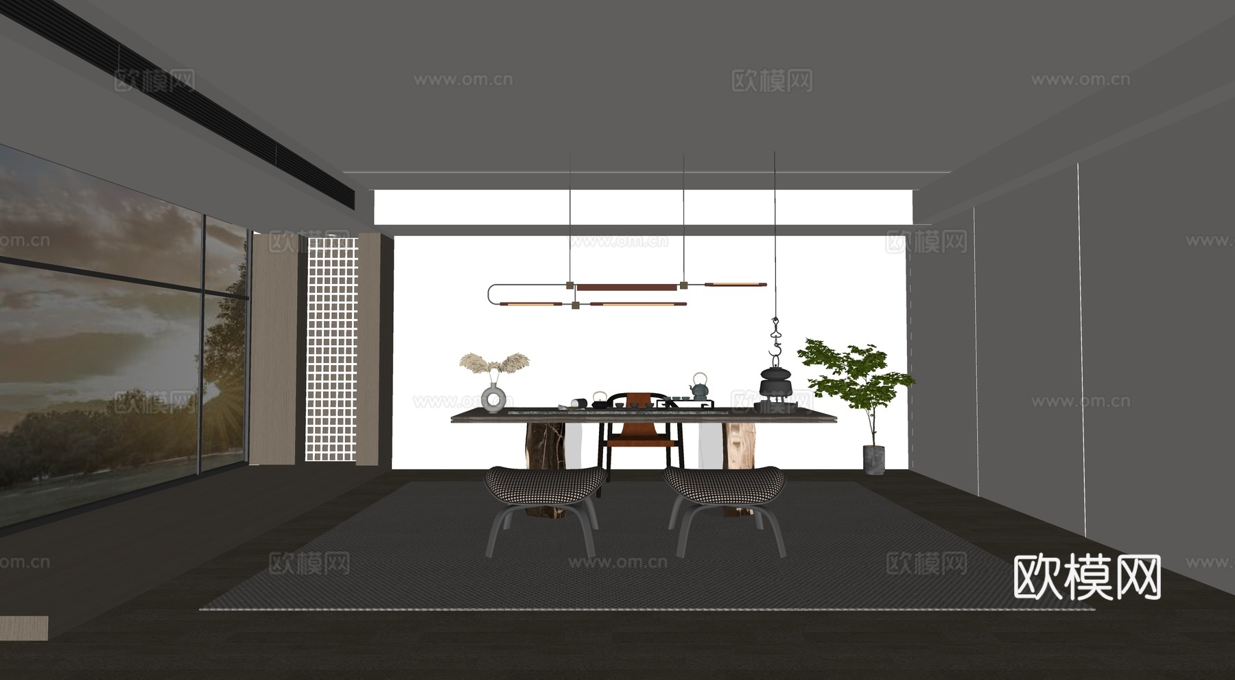 现代新中式茶室 茶桌组合 茶台su模型