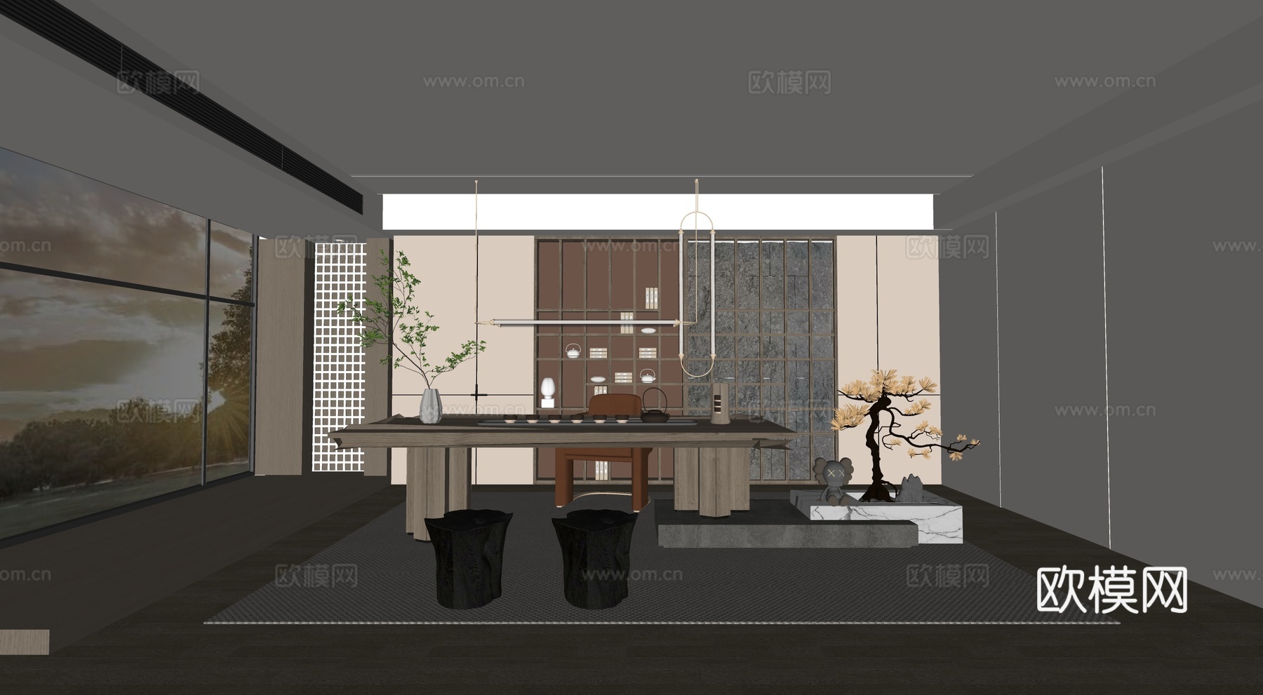 现代新中式茶室 茶桌组合 茶台su模型