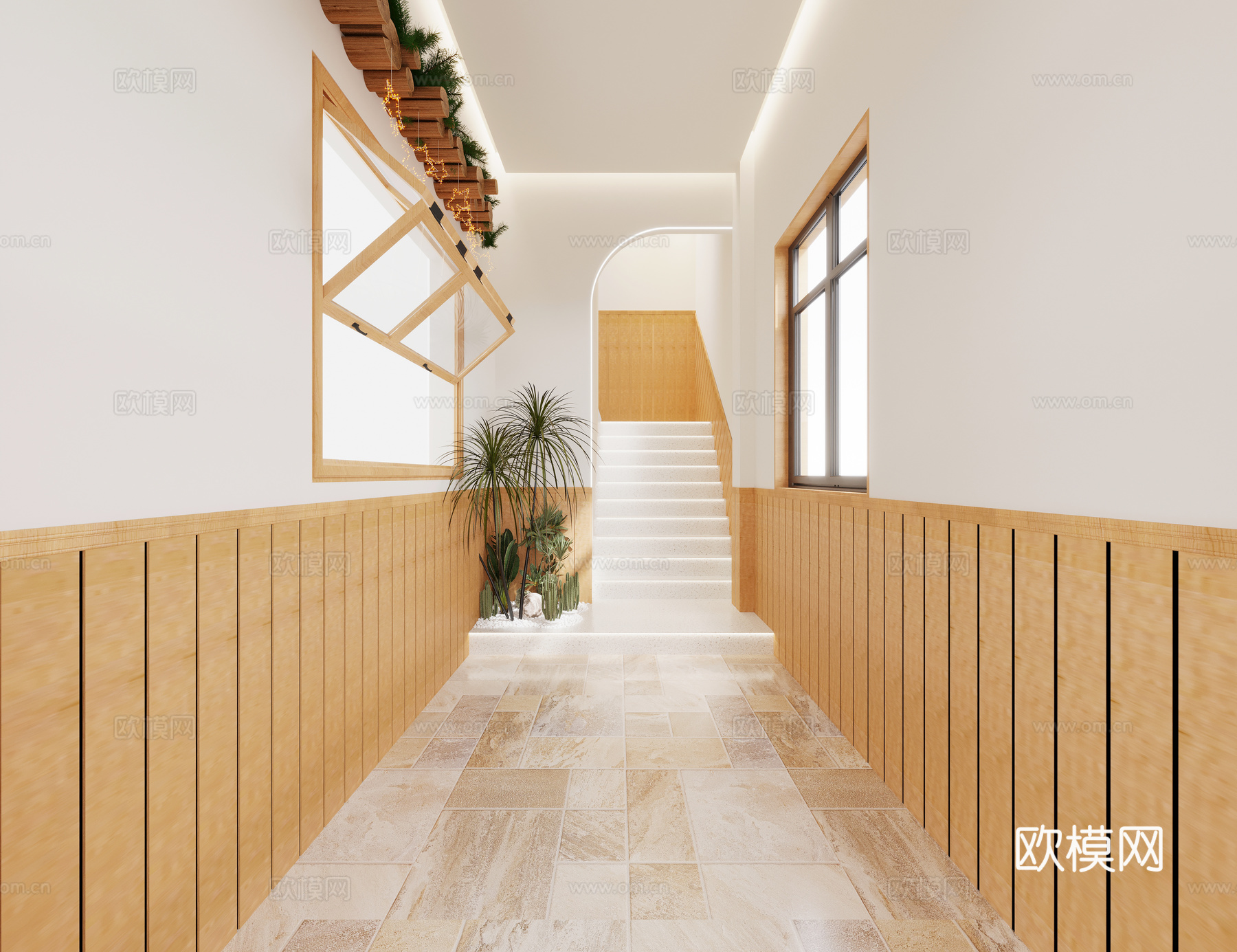 现代 奶油 过道 走廊 绿植造景 摆件 楼梯间su模型