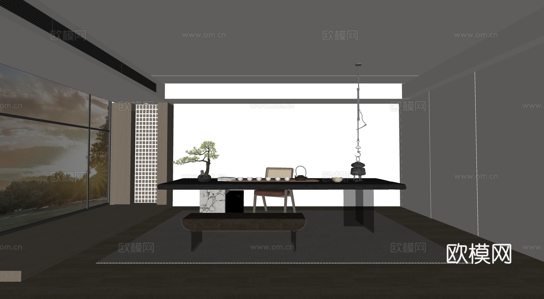现代新中式茶室 茶桌组合 茶台su模型