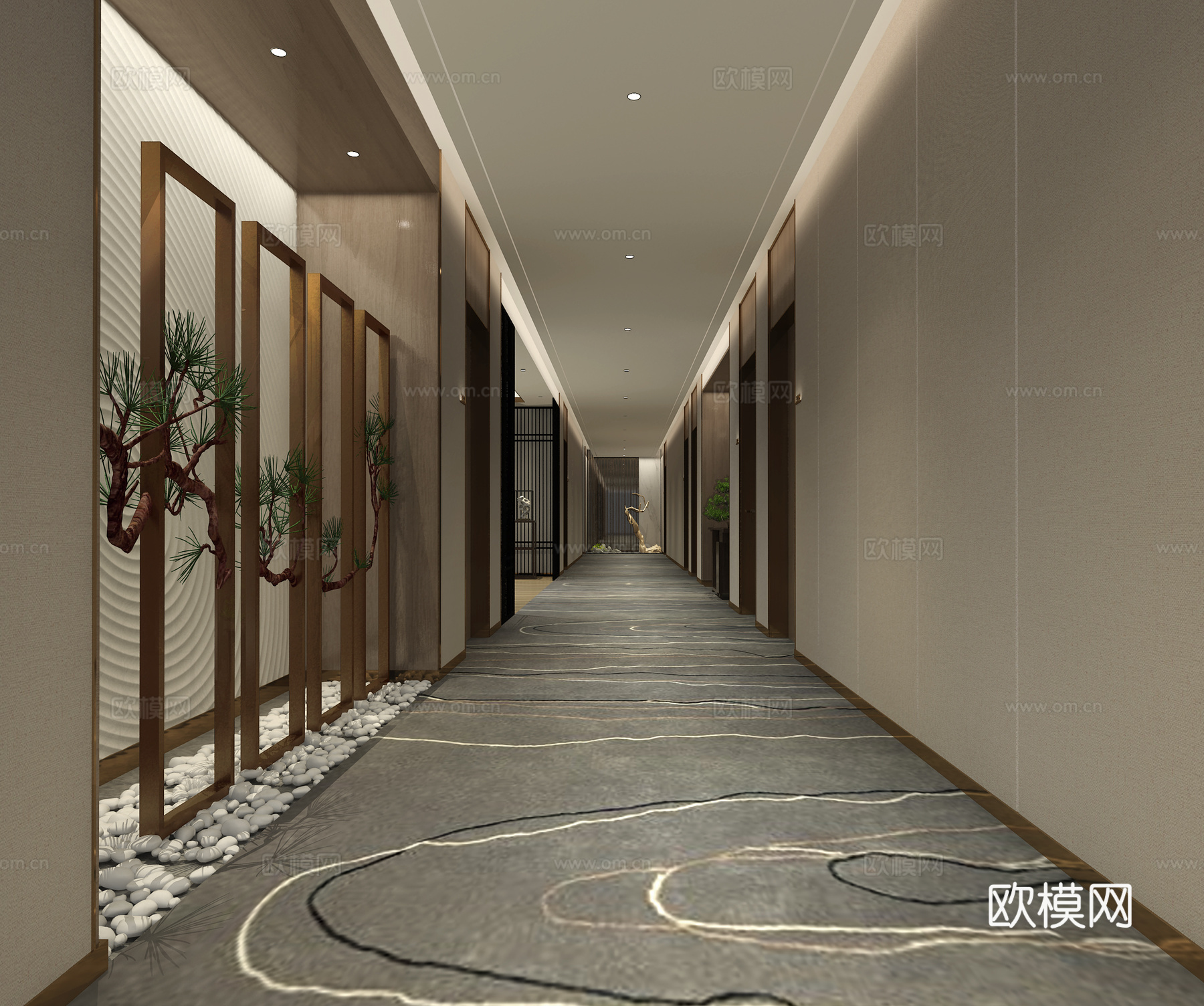 新中式医院走廊 新中式会所走廊 新中式端景 景观小品 酒3d模型下载