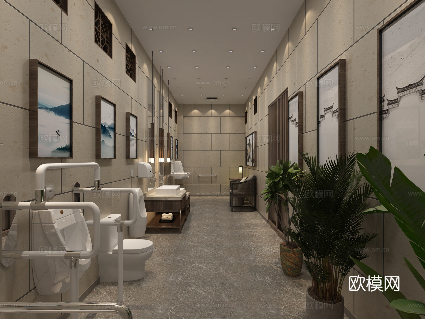 新中式公厕家庭卫生间3d模型下载（渲染图1）