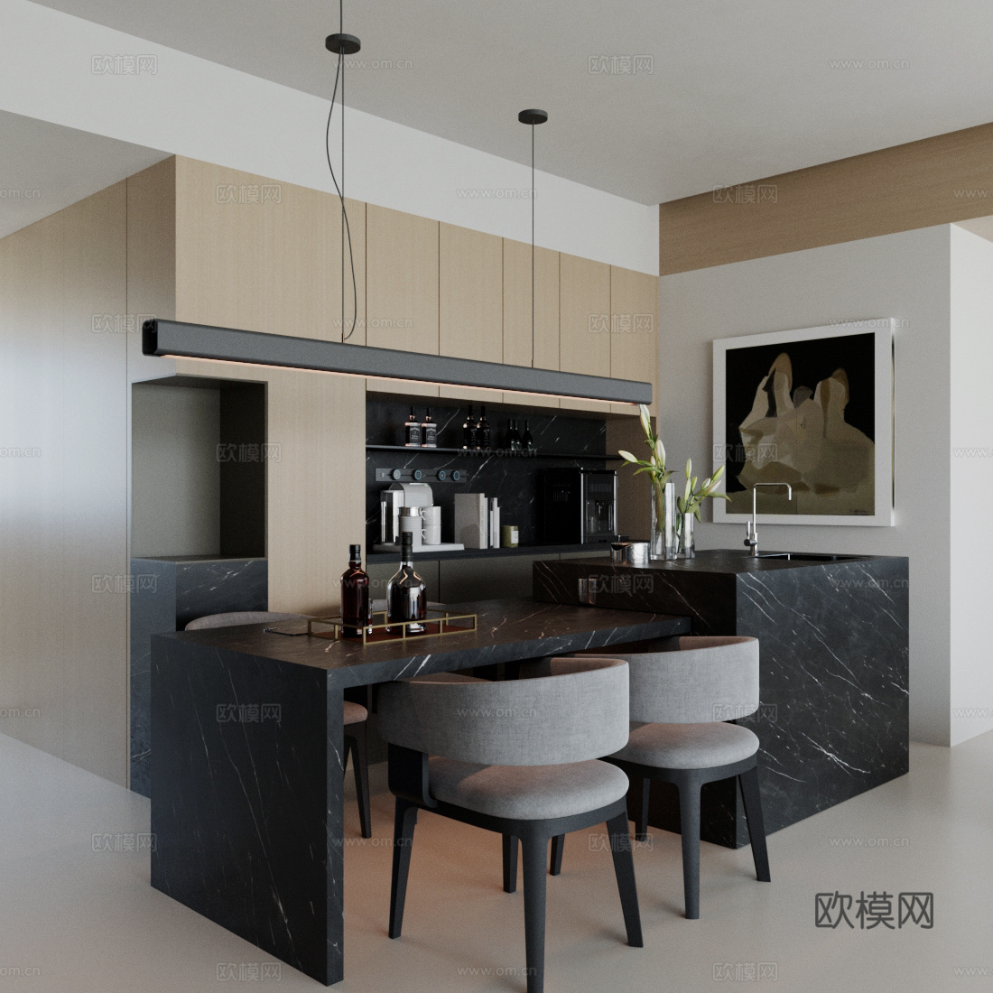 现代意式岛台餐厅 轻奢意式餐厅 开放式餐厅 岛台餐桌椅3d模型下载